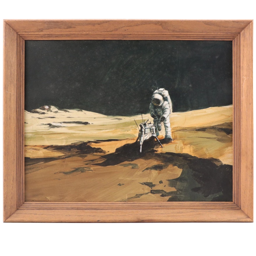 Space-Themed Mixed Media Painting "Man At Work On The Moon"