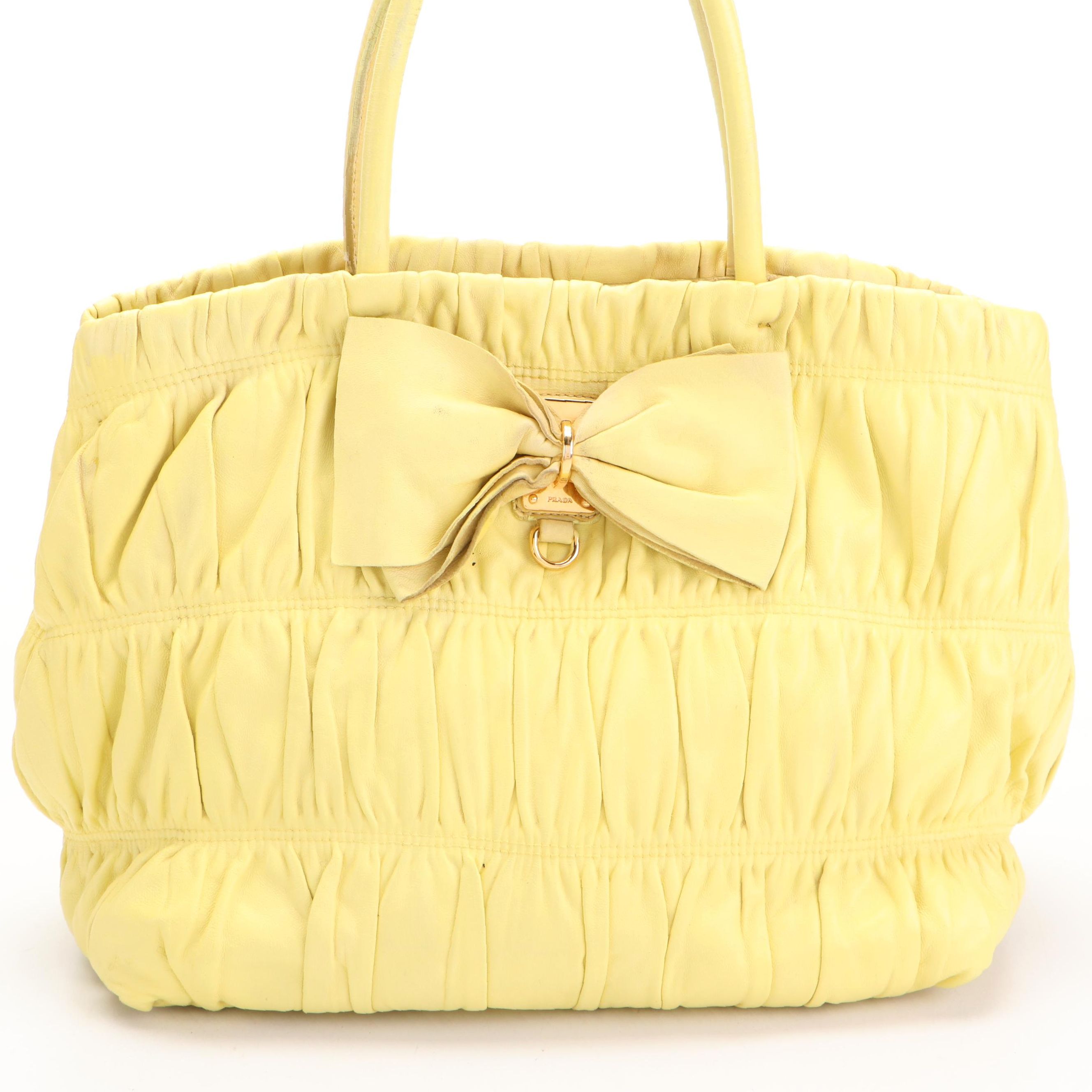 Prada Ruched Bow Bag in Polline Nappa Gaufre Leather