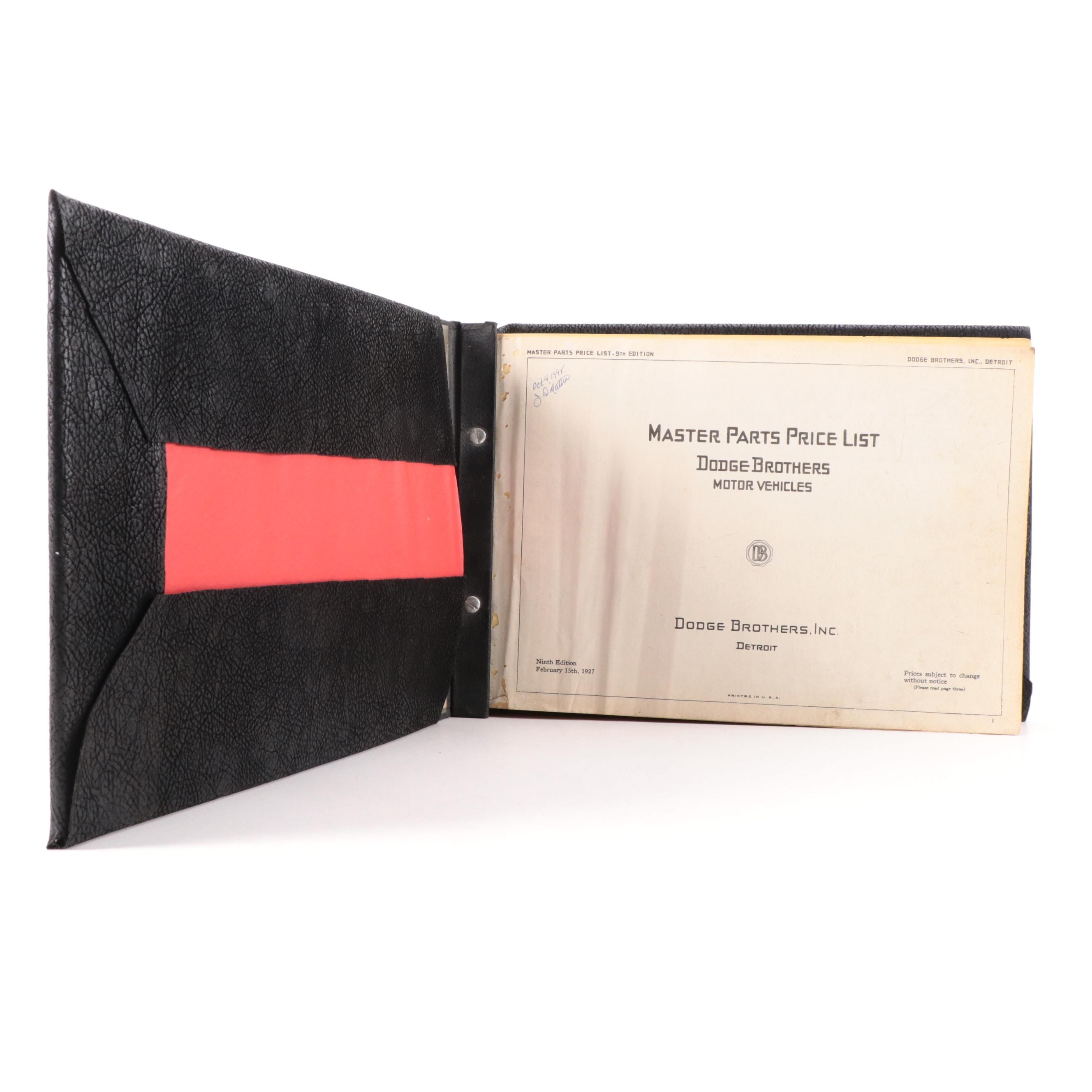 Dodge Brothers Inc. "Master Parts Price List" Ninth Edition, 1927