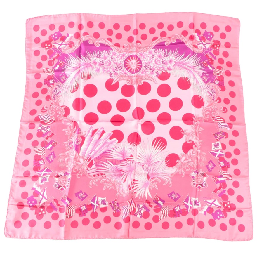 Versace Collection Polka-Dotted, Floral, and Flag Print Silk Scarf