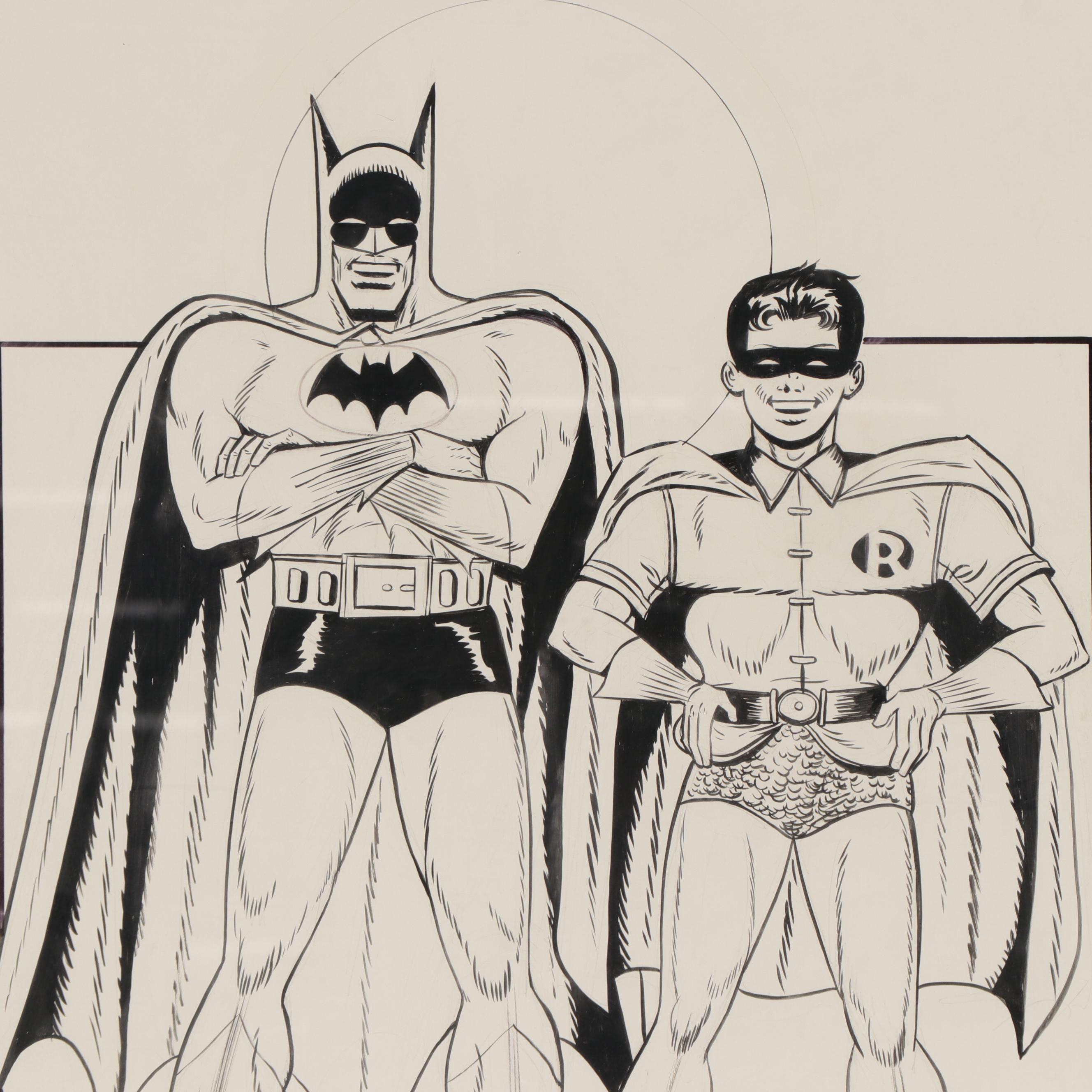 Bob Kane Ink Drawing of Batman and Robin, Late 20th Century