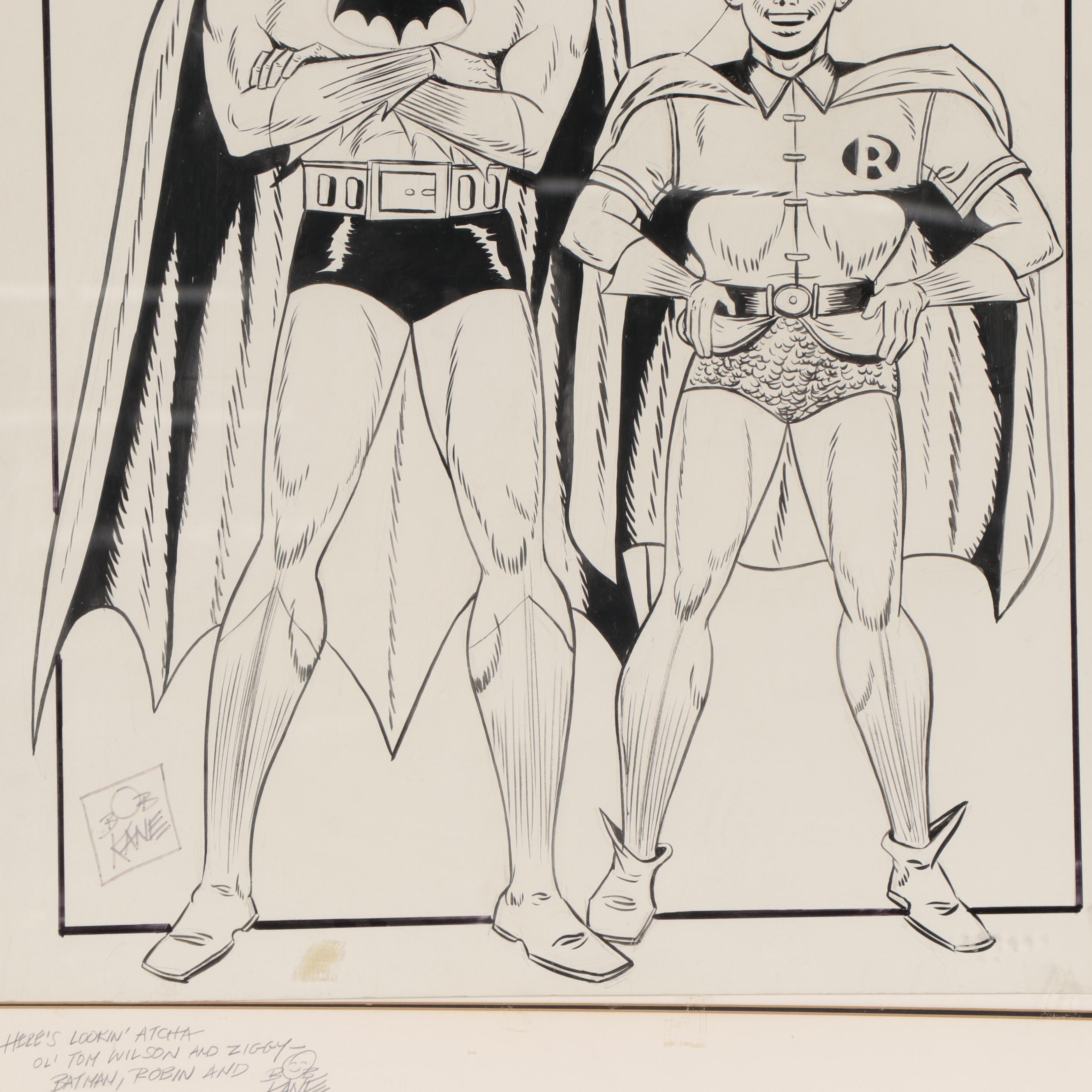 Bob Kane Ink Drawing of Batman and Robin, Late 20th Century