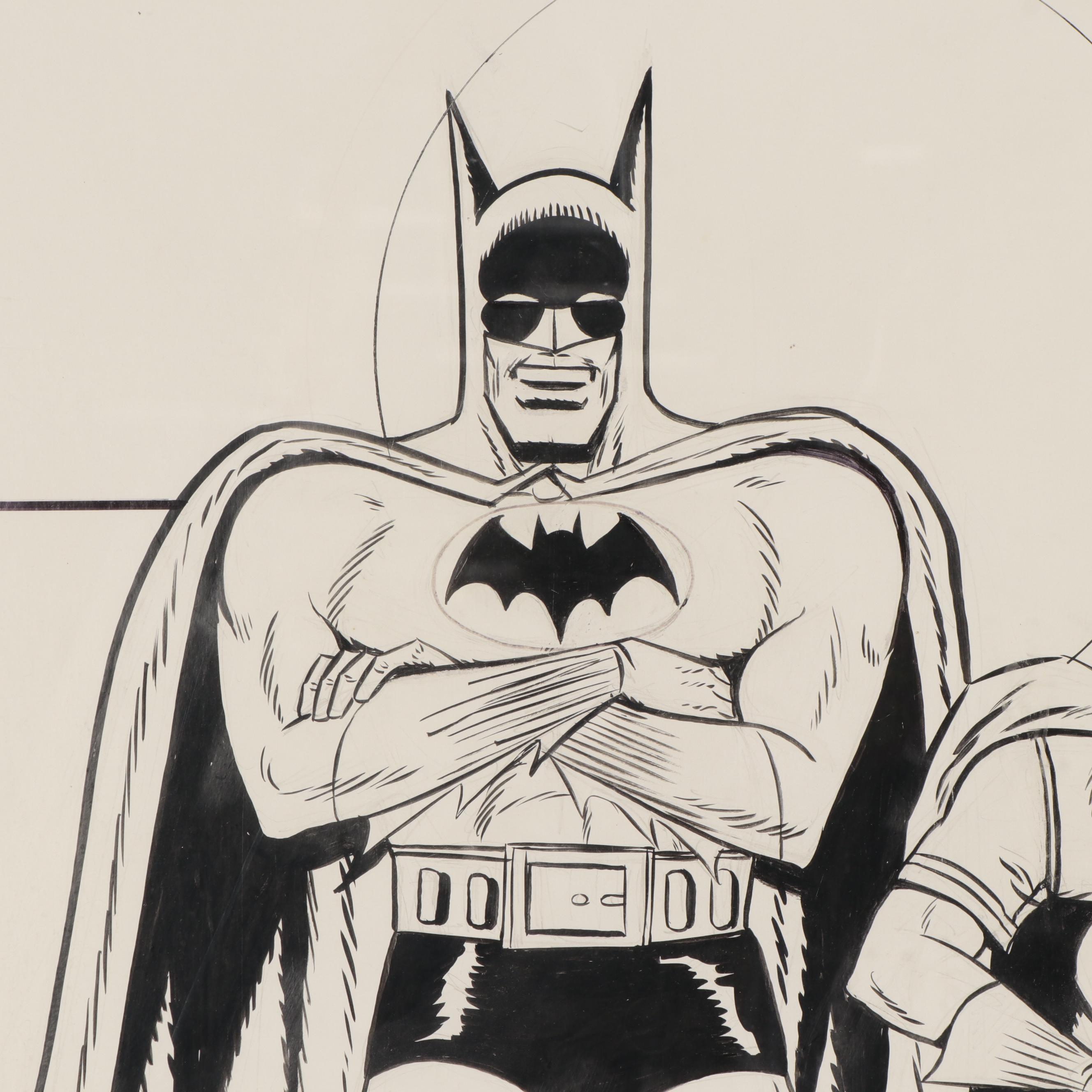 Bob Kane Ink Drawing of Batman and Robin, Late 20th Century