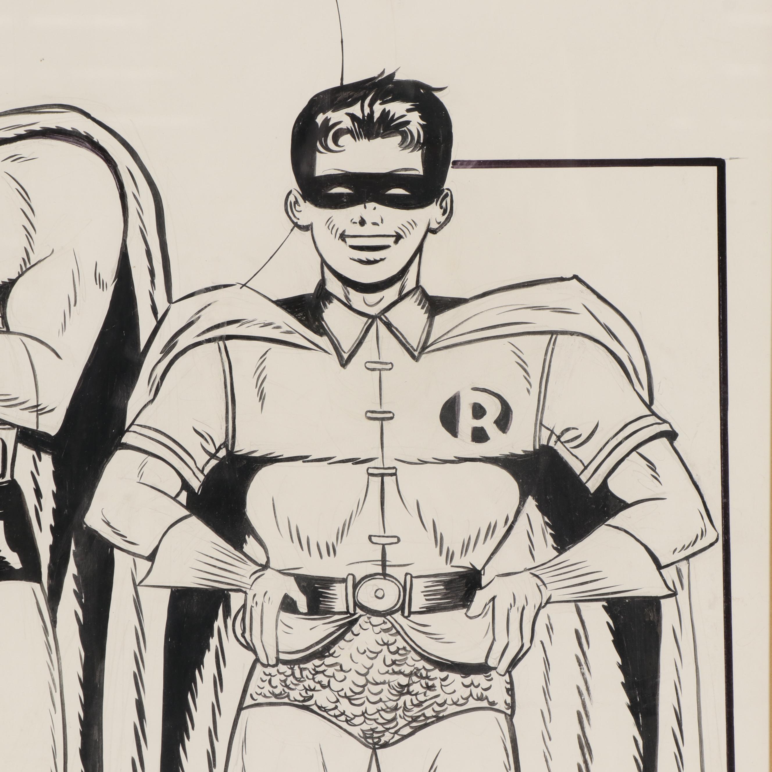 Bob Kane Ink Drawing of Batman and Robin, Late 20th Century