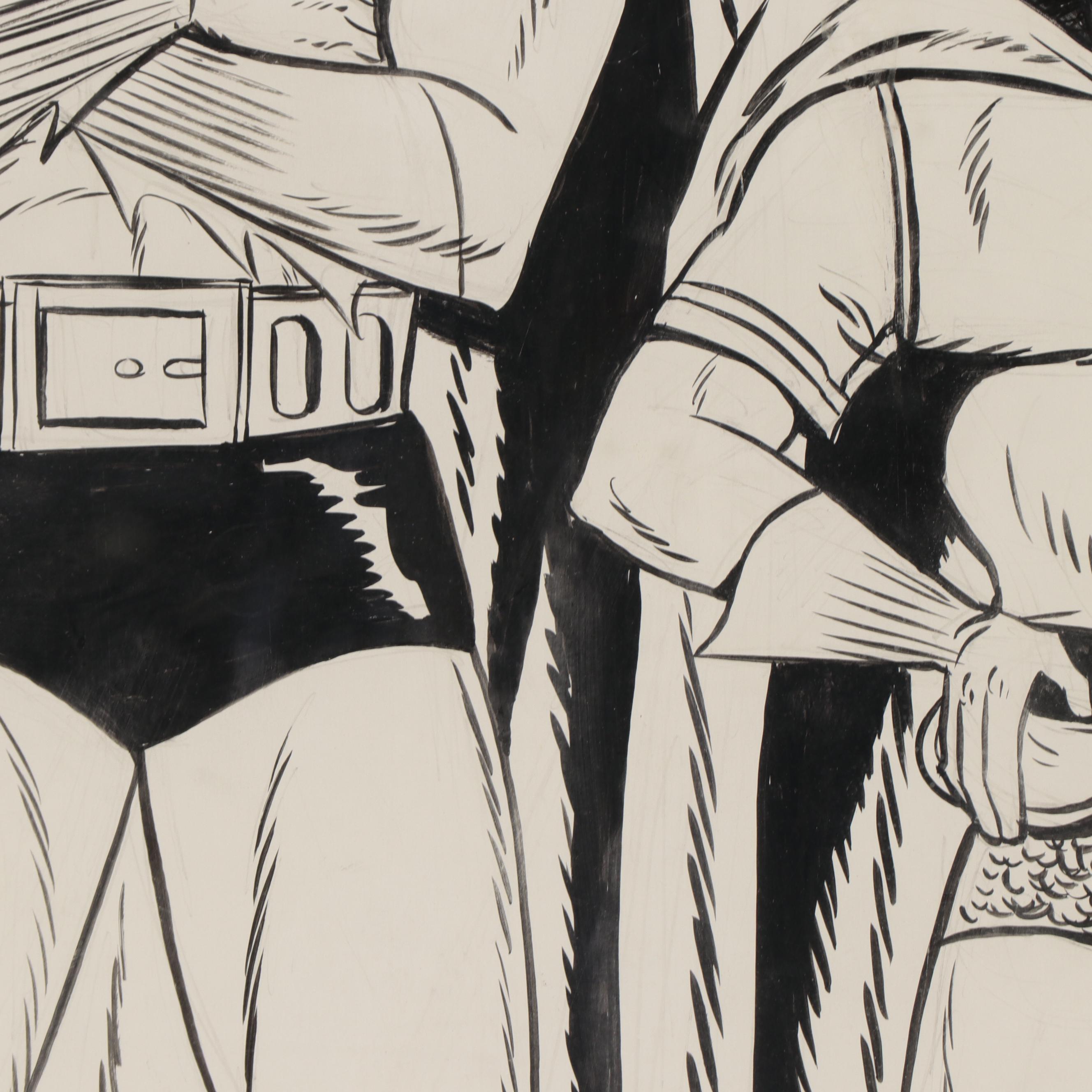 Bob Kane Ink Drawing of Batman and Robin, Late 20th Century