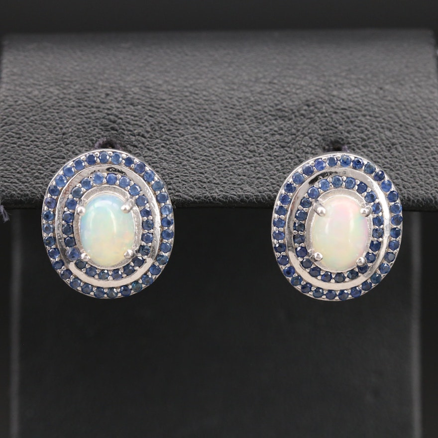 Sterling Opal Button Earrings with Double Sapphire Halos