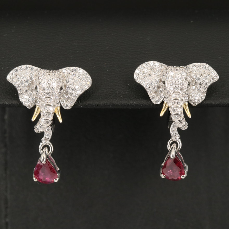 Sterling Corundum and Cubic Zirconia Elephant Earrings