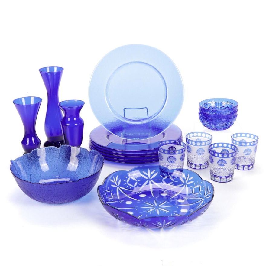 Cobalt Cut to Clear Bowl and Tumblers with Other Glass Tableware