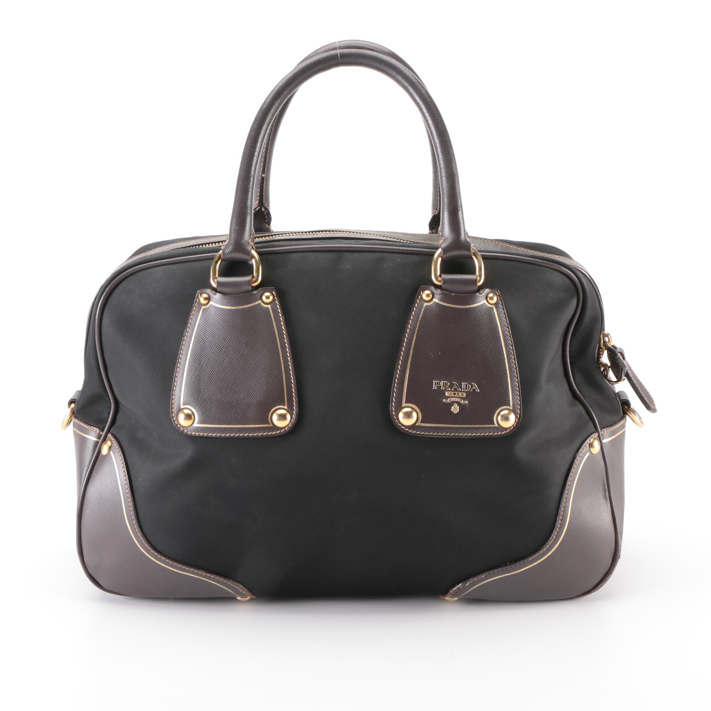 Prada Black Nylon Tessuto and Brown Saffiano Leather Convertible Bauletto Bag
