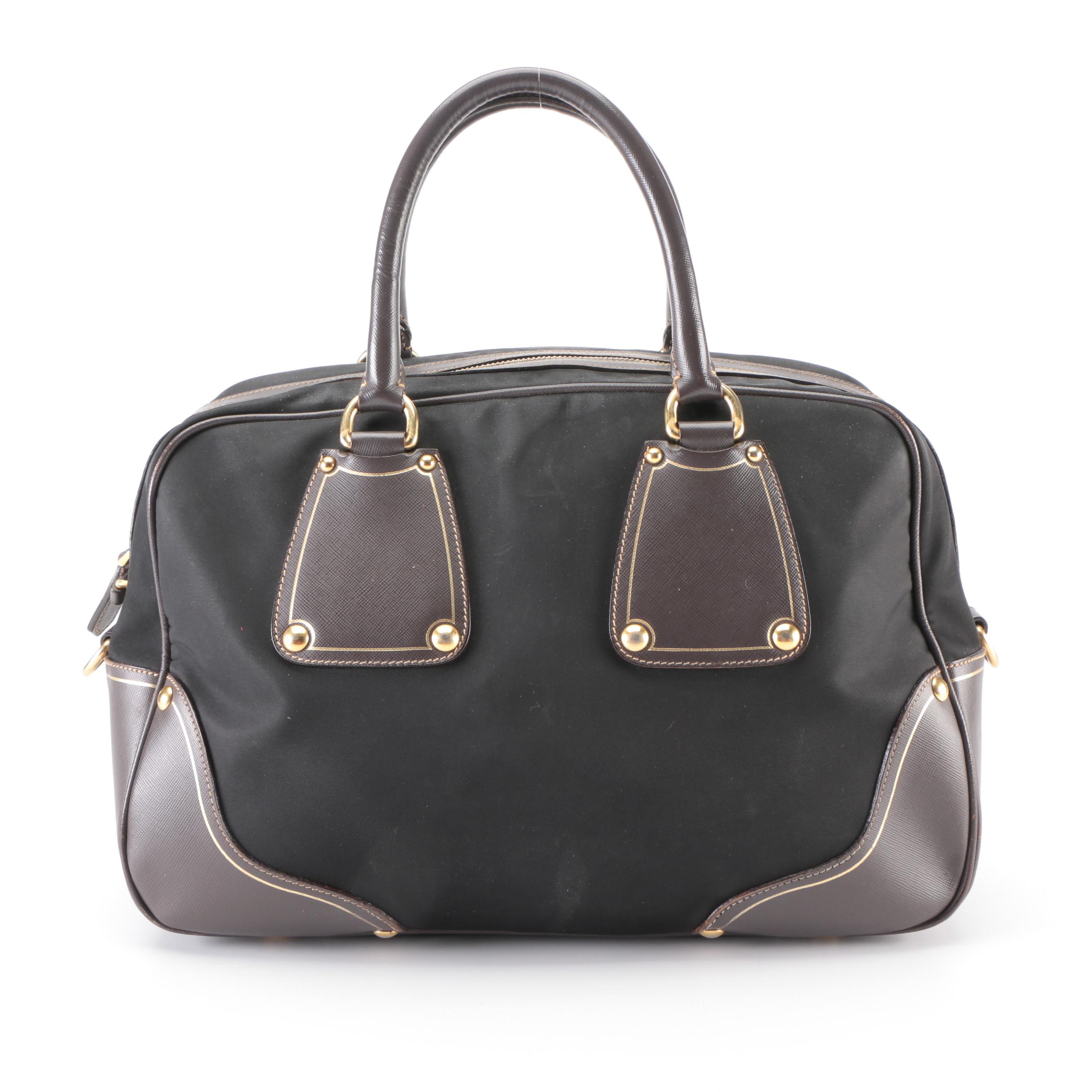 Prada Black Nylon Tessuto and Brown Saffiano Leather Convertible Bauletto Bag