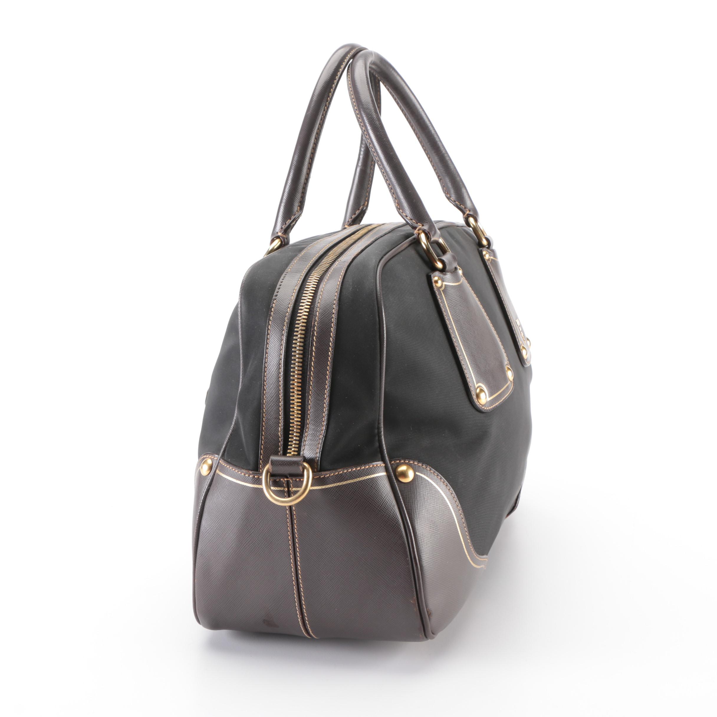 Prada Black Nylon Tessuto and Brown Saffiano Leather Convertible Bauletto Bag