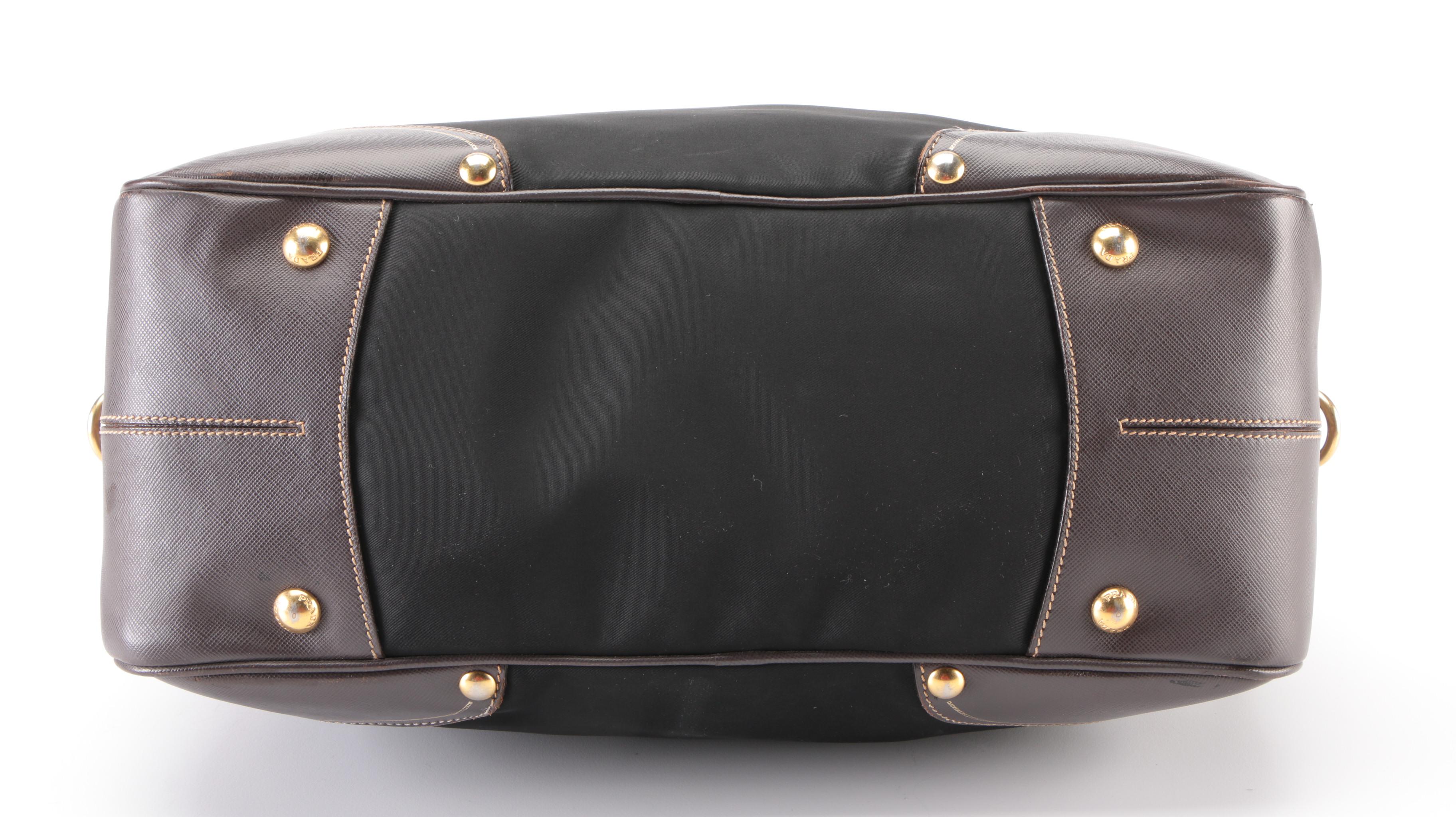 Prada Black Nylon Tessuto and Brown Saffiano Leather Convertible Bauletto Bag