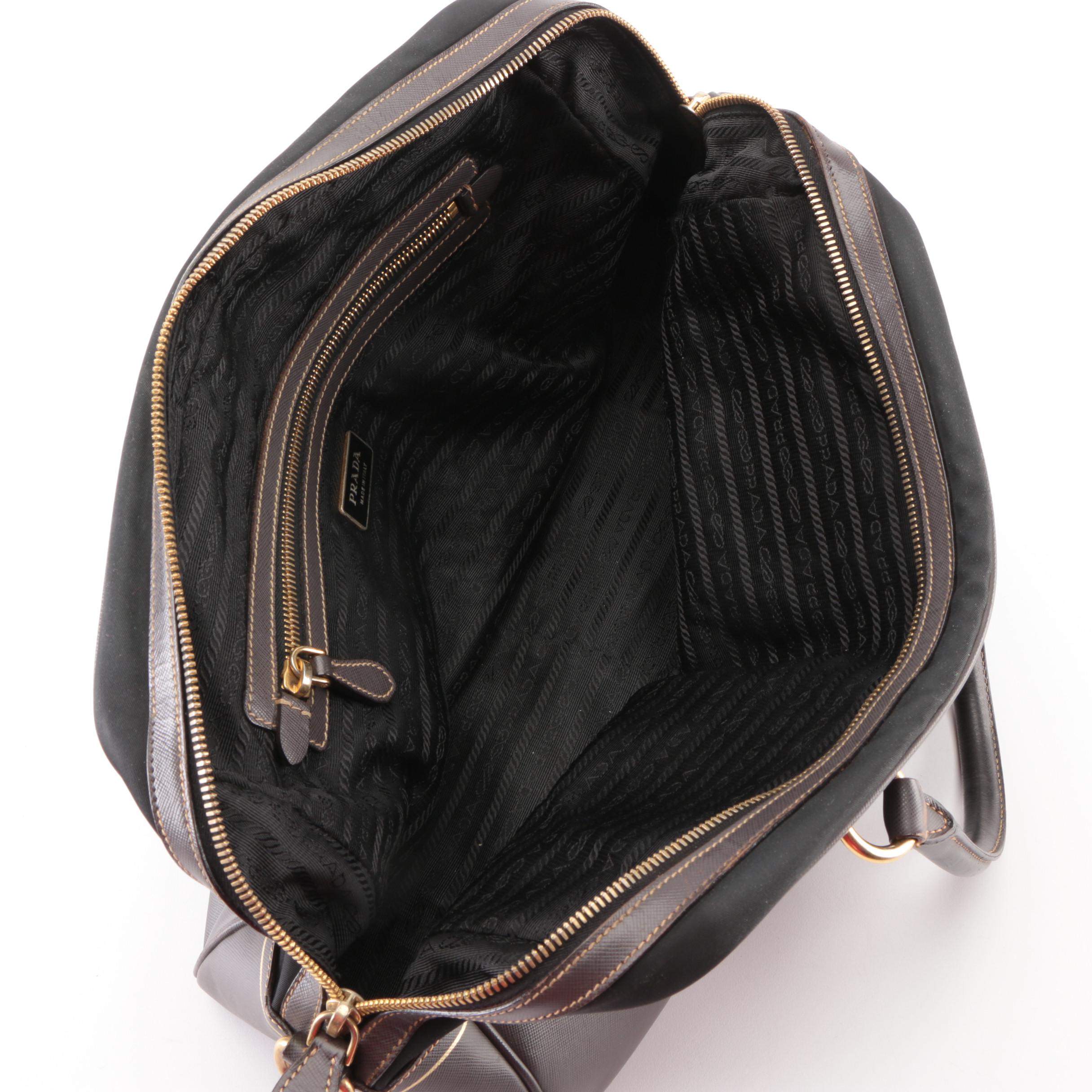 Prada Black Nylon Tessuto and Brown Saffiano Leather Convertible Bauletto Bag
