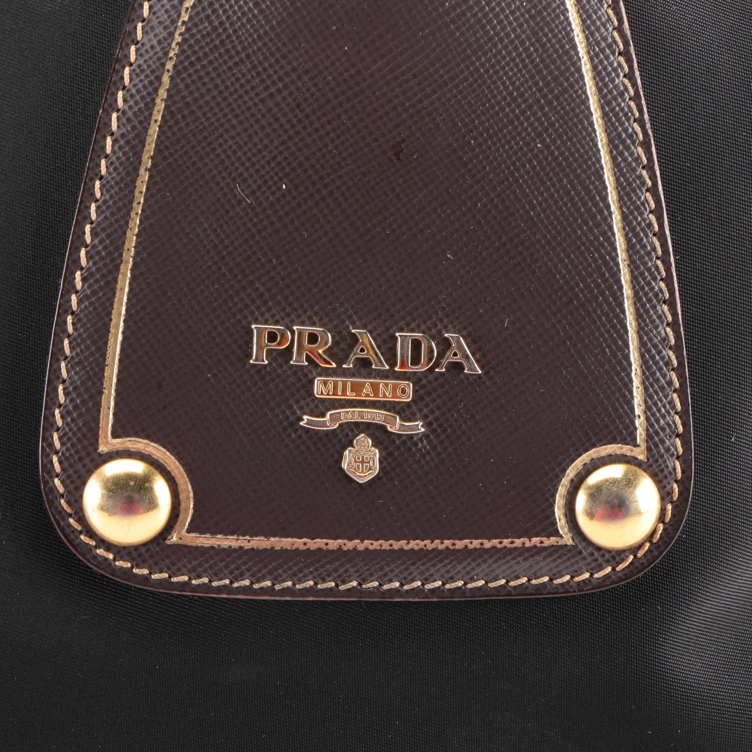Prada Black Nylon Tessuto and Brown Saffiano Leather Convertible Bauletto Bag