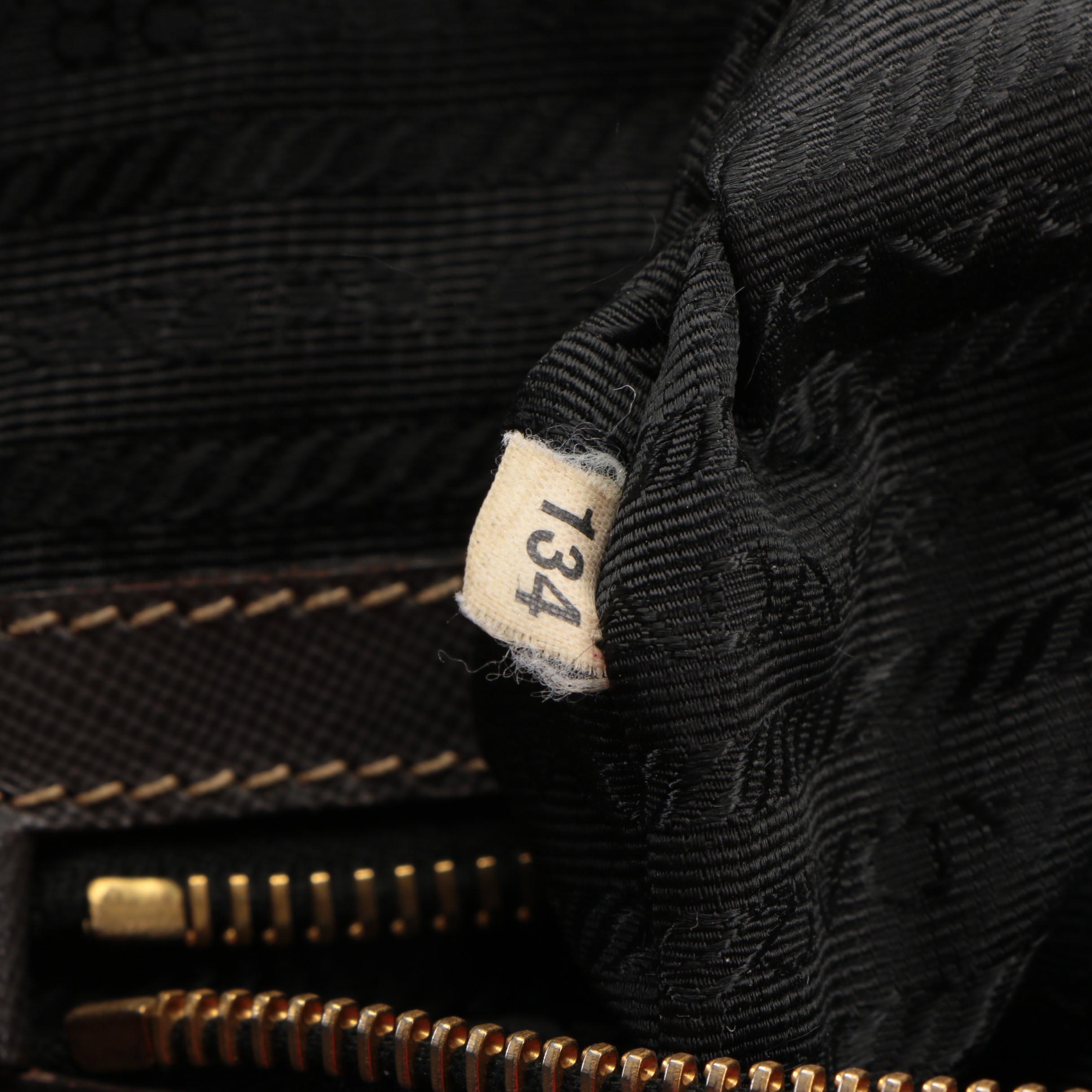 Prada Black Nylon Tessuto and Brown Saffiano Leather Convertible Bauletto Bag