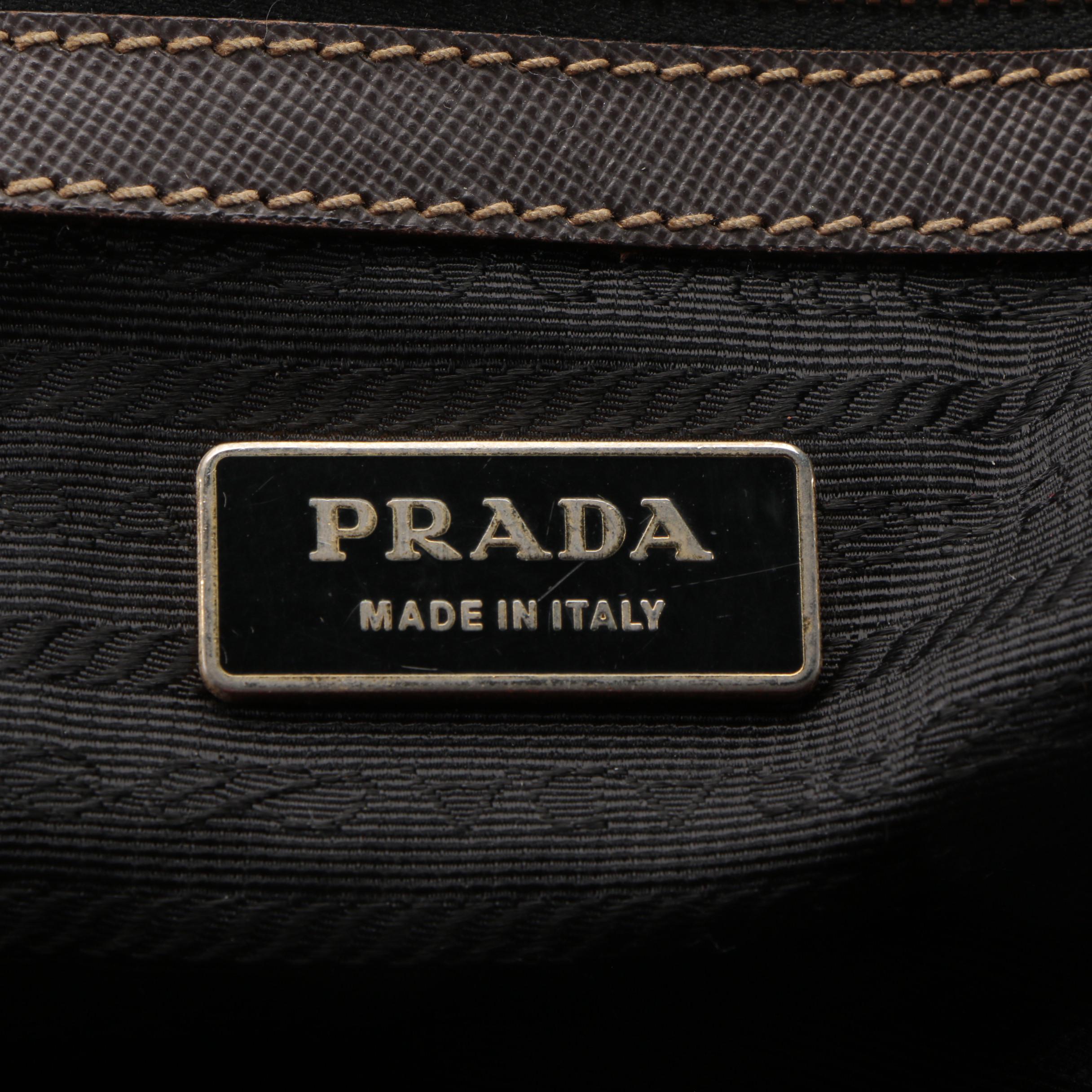 Prada Black Nylon Tessuto and Brown Saffiano Leather Convertible Bauletto Bag