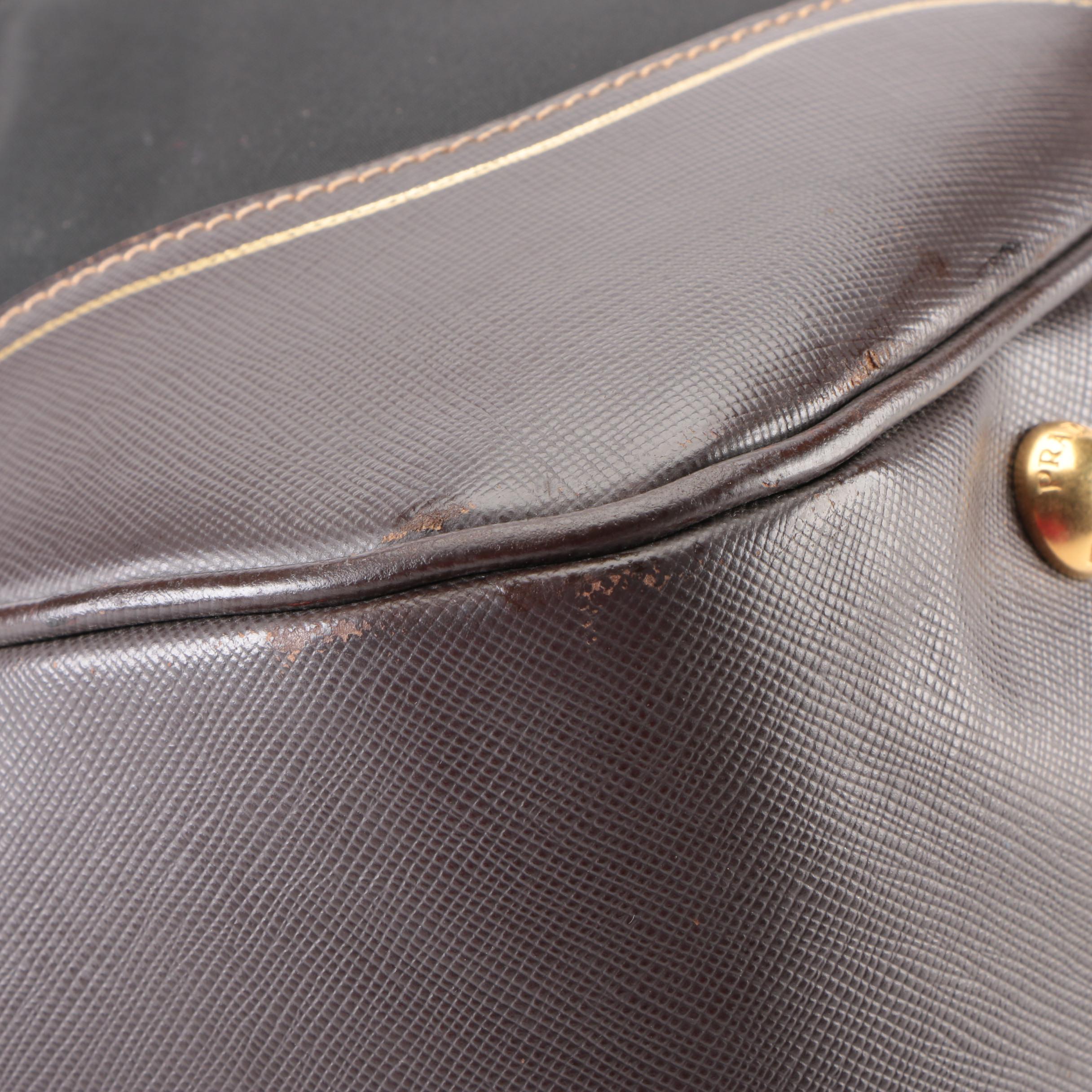 Prada Black Nylon Tessuto and Brown Saffiano Leather Convertible Bauletto Bag