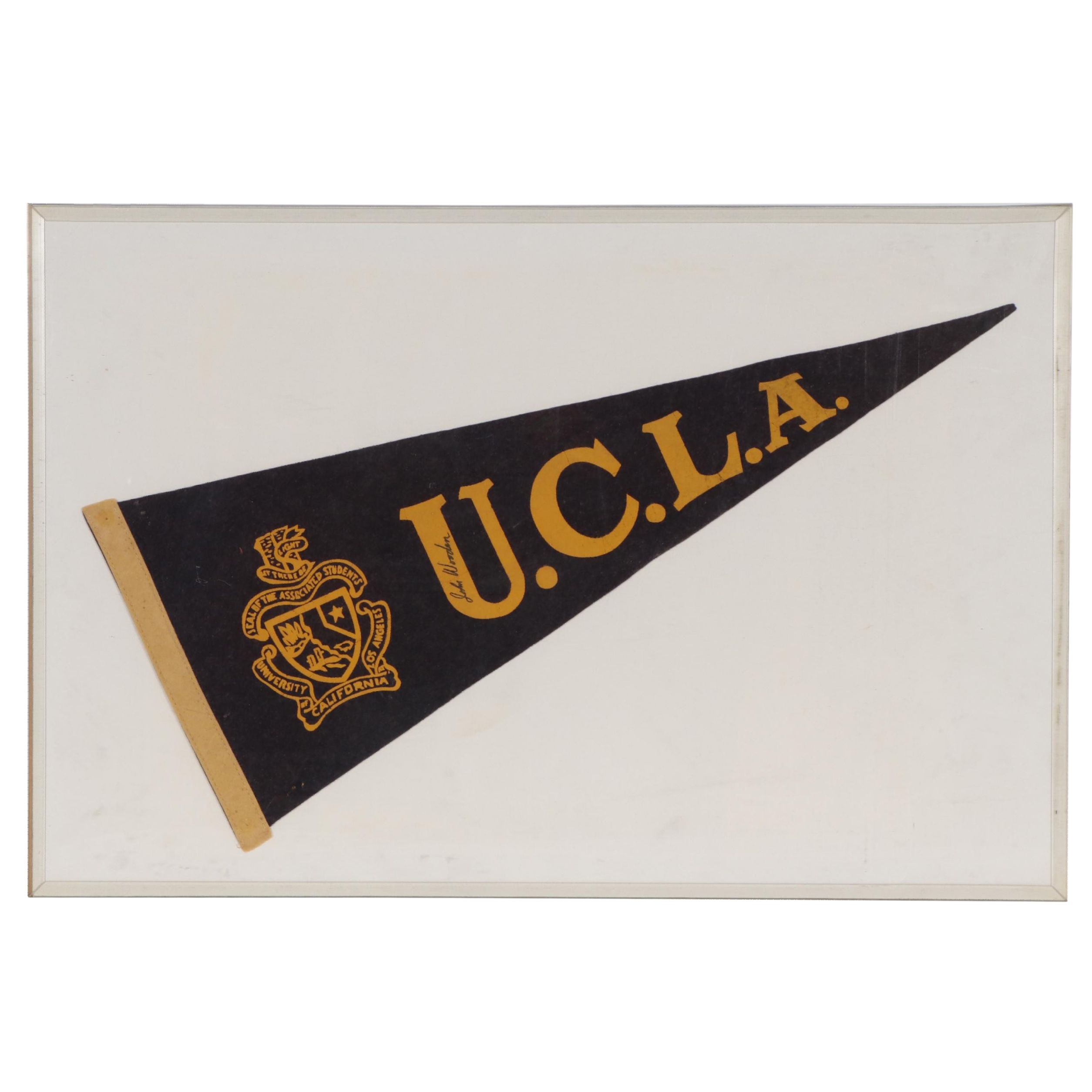 John Wooden Signed UCLA Pennant in Frame