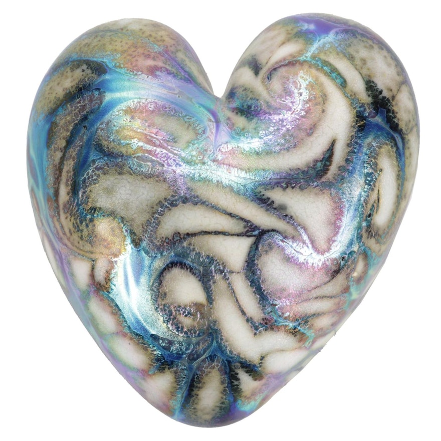 Robert Eickholt Handblown Iridescent Art Glass Heart Paperweight, 2008