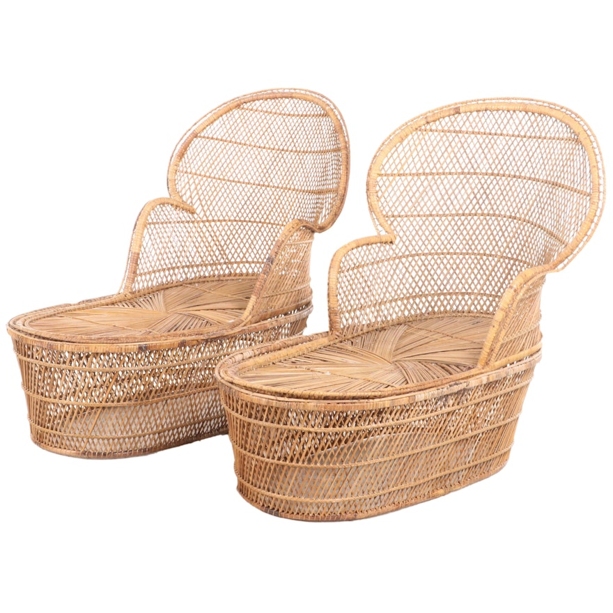 Pair of Wicker Fan-Back Chaise Lounge Chairs, Mid-20th Century