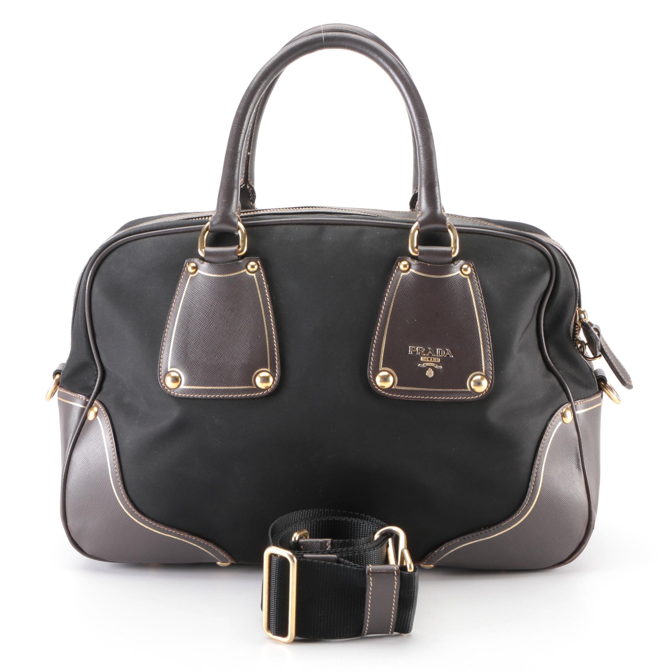 Prada Black Nylon Tessuto and Brown Saffiano Leather Convertible Bauletto Bag