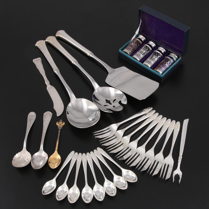 Gorham Sterling Handled Serveware with Silver Plate Serving Utensils and Shakers