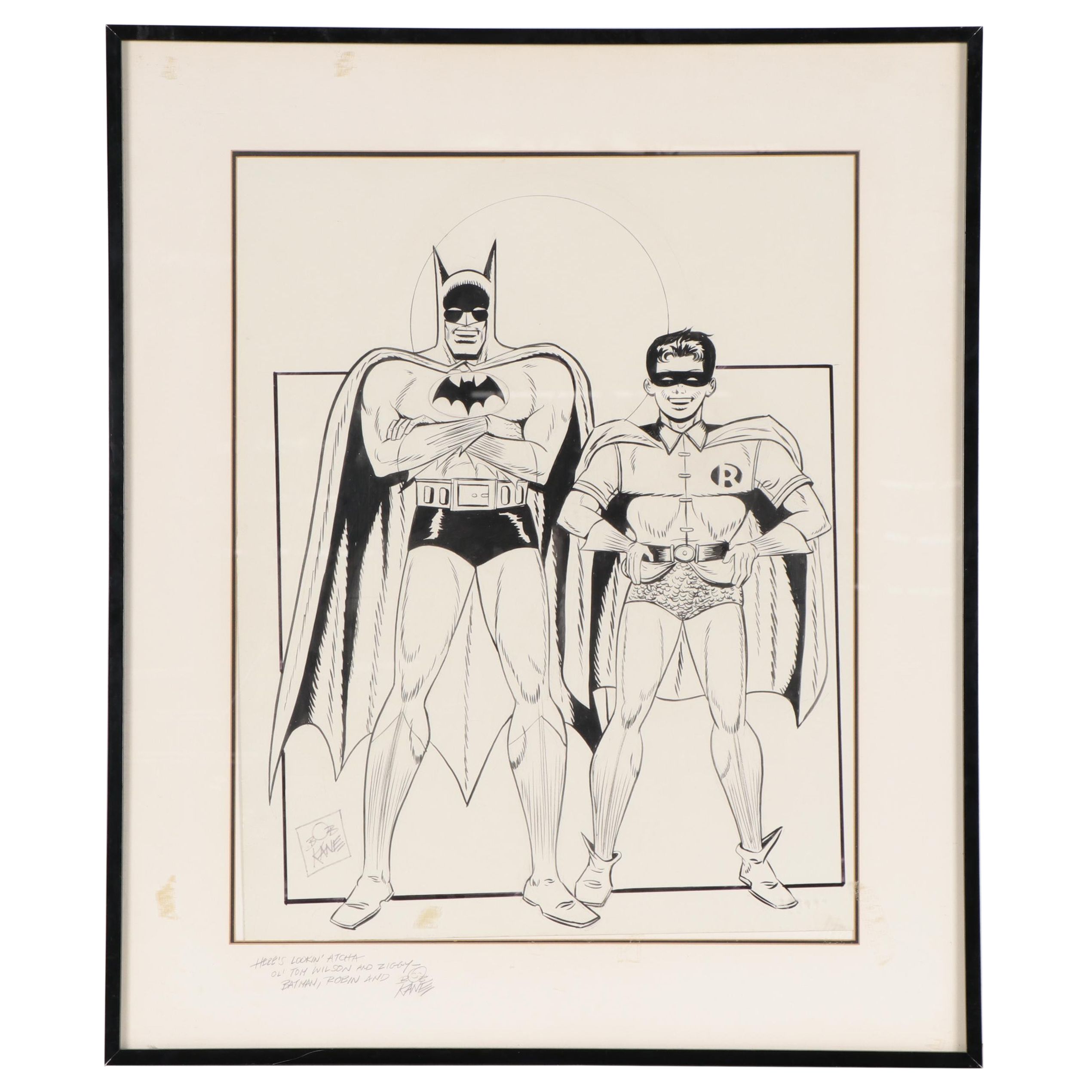 Bob Kane Ink Drawing of Batman and Robin, Late 20th Century