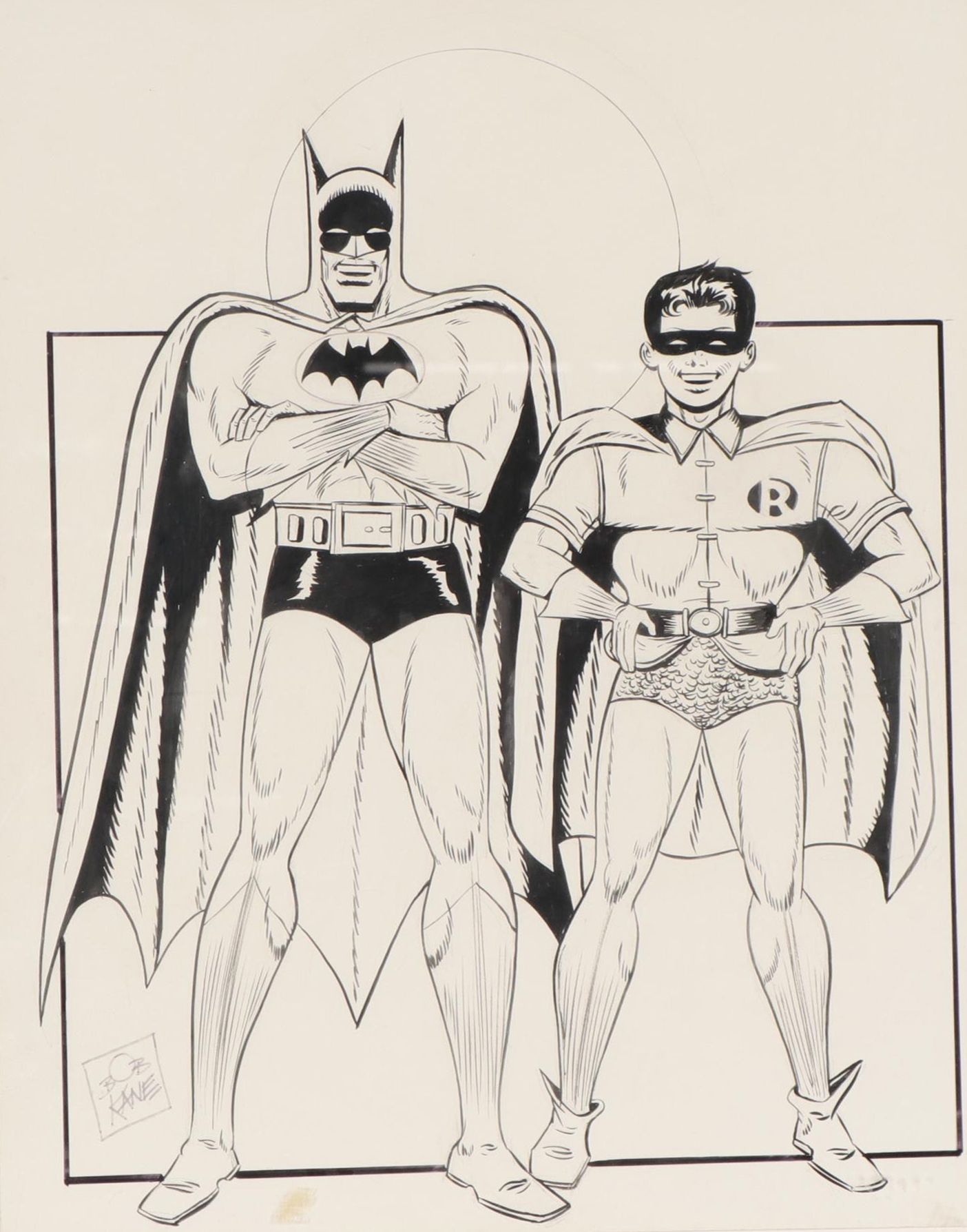 Bob Kane Ink Drawing of Batman and Robin, Late 20th Century
