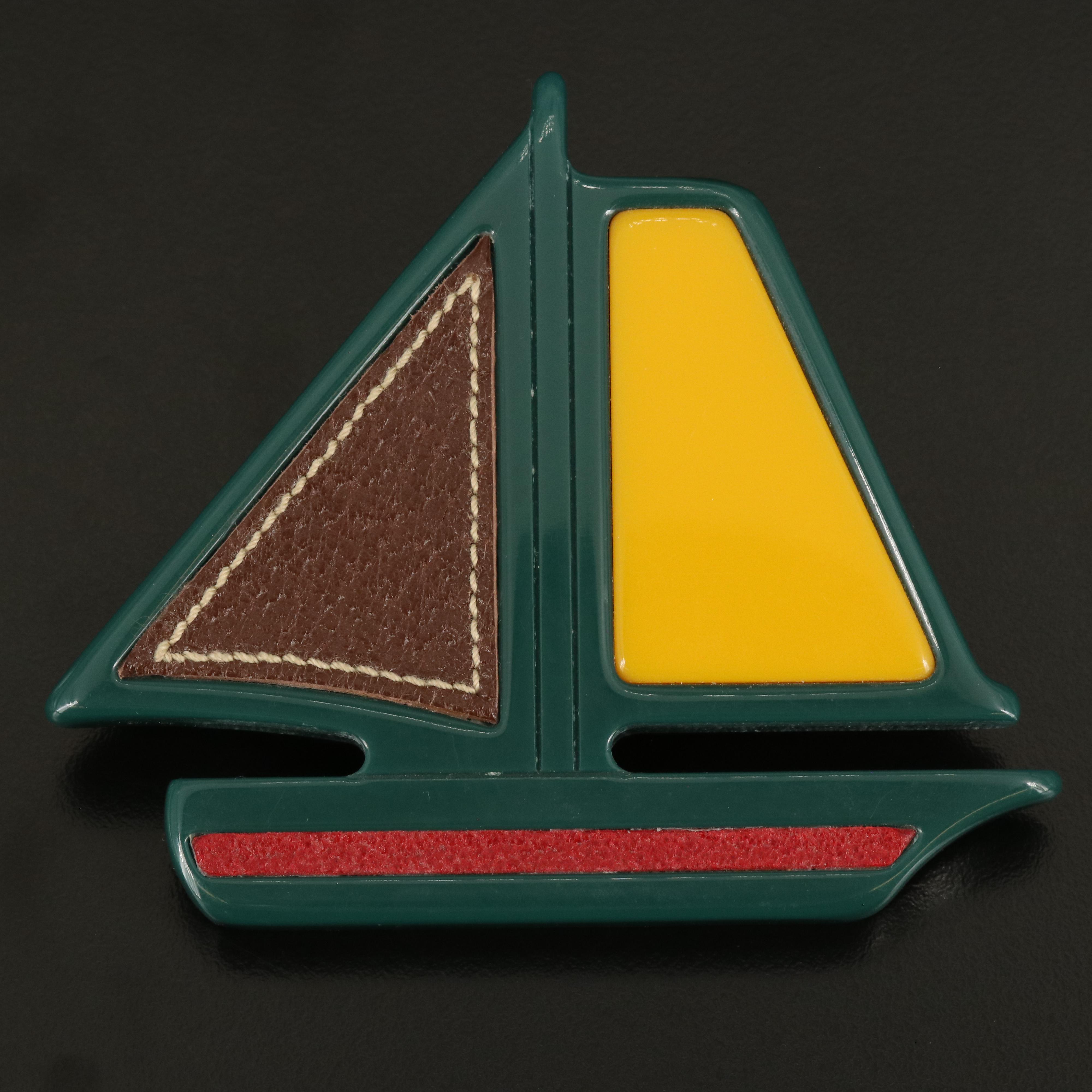 Vintage Prada Sailboat Brooch with Leather Detail