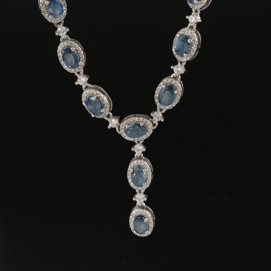 Sterling Silver Sapphire and Cubic Zirconia Drop Necklace