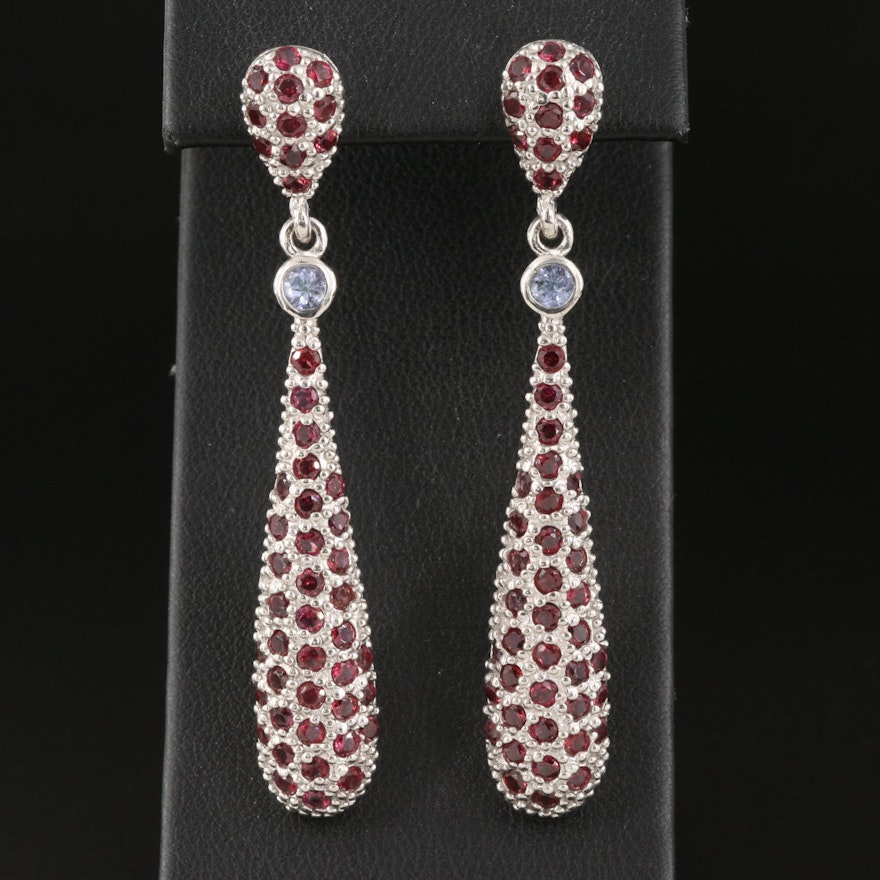 Sterling Silver Garnet and Tanzanite Drop Earrings