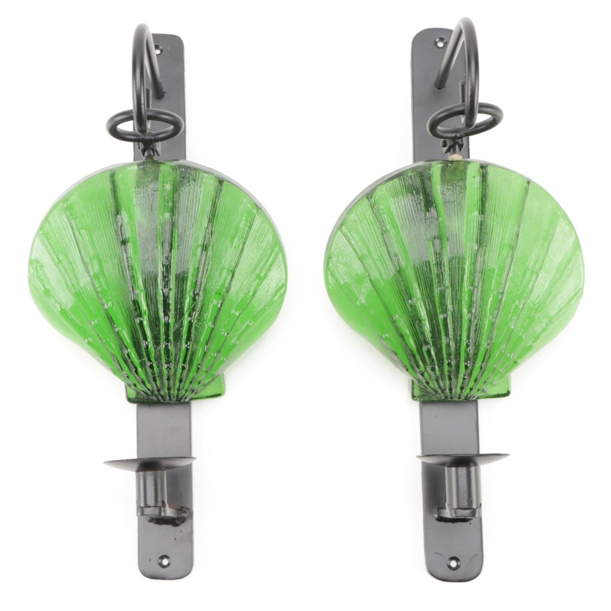 Pressed Glass Shell and Metal Wall Hanging Candle Sconces