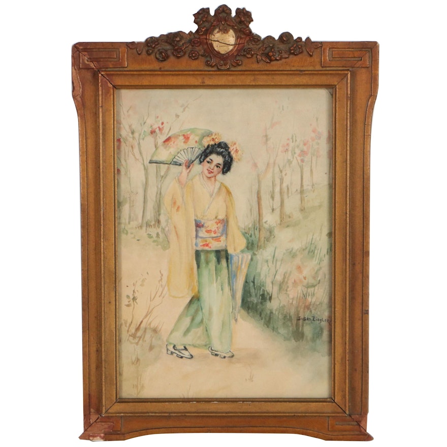 Japanese Inspired Watercolor Painting of Woman, Mid-20th Century