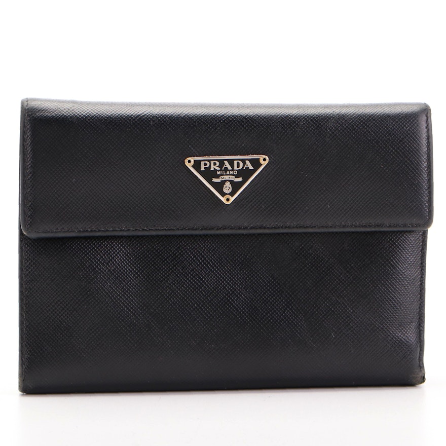 Prada Trifold Continental Wallet in Black Saffiano Leather