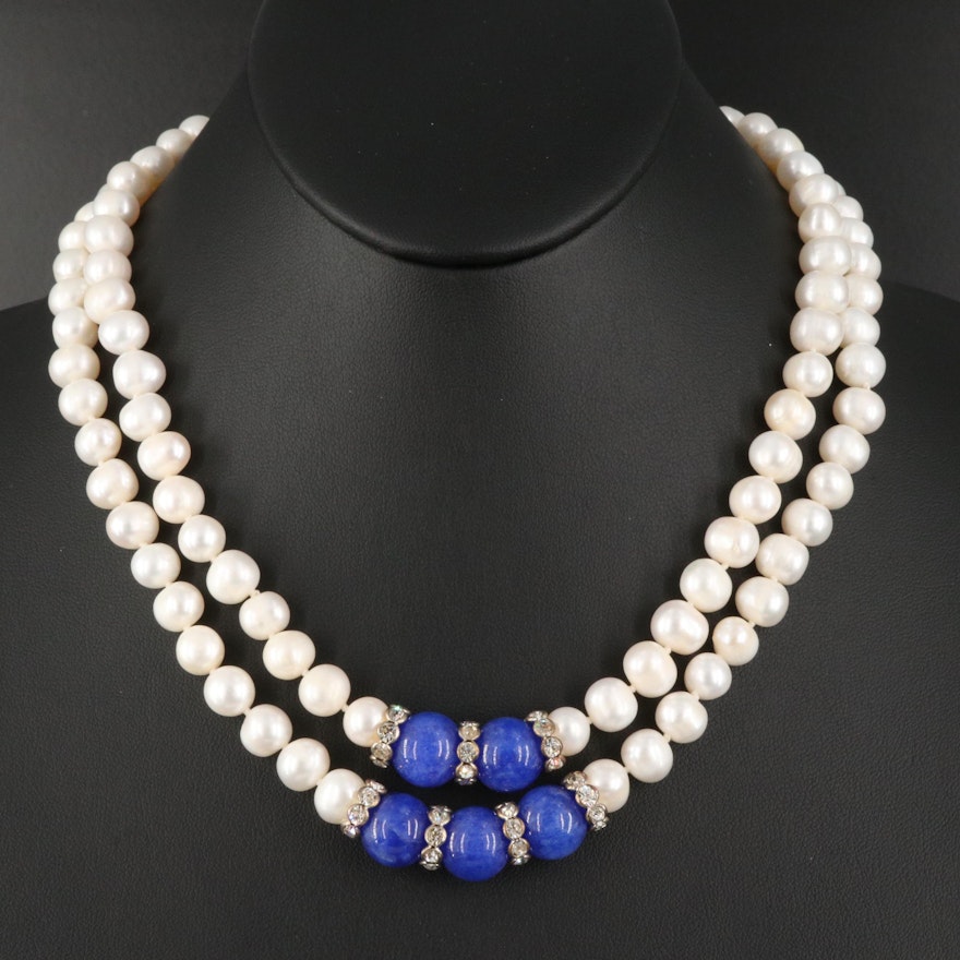 Double Strand Pearl and Quartz Pendant Necklace