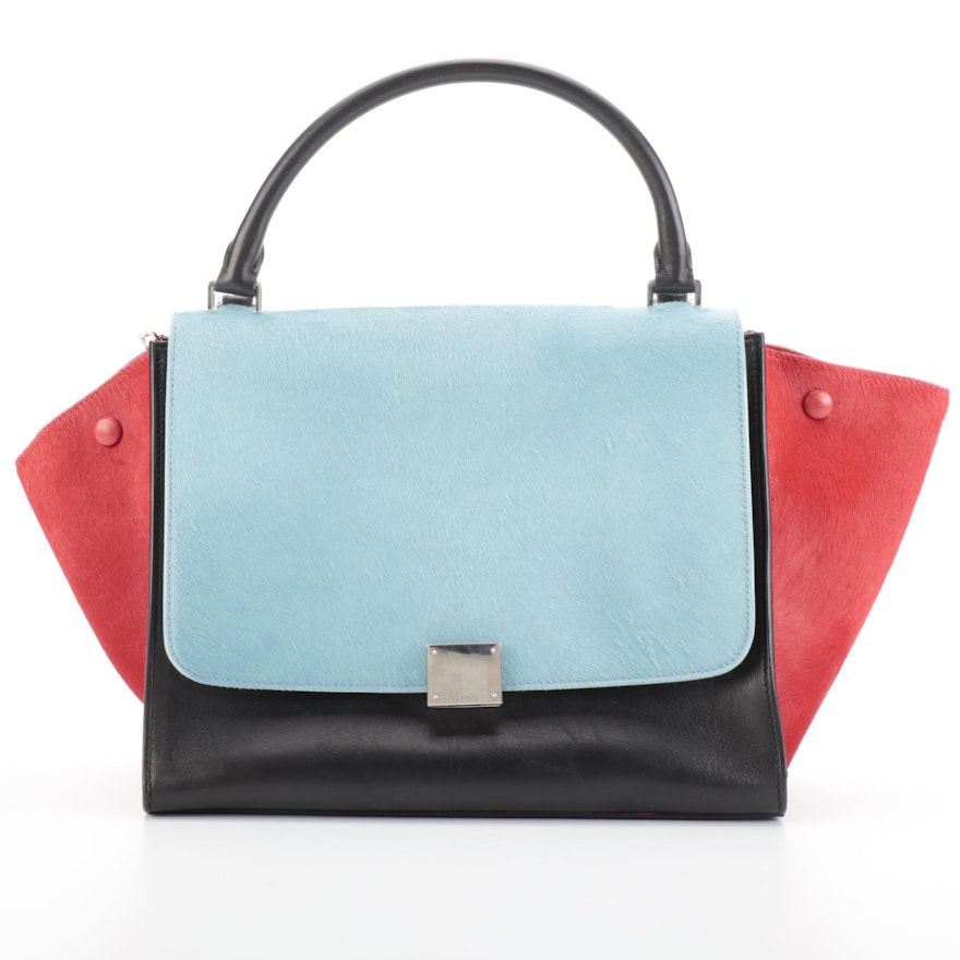 Céline Trapeze Medium Bag in Red/Blue Calf Hair and Black Leather