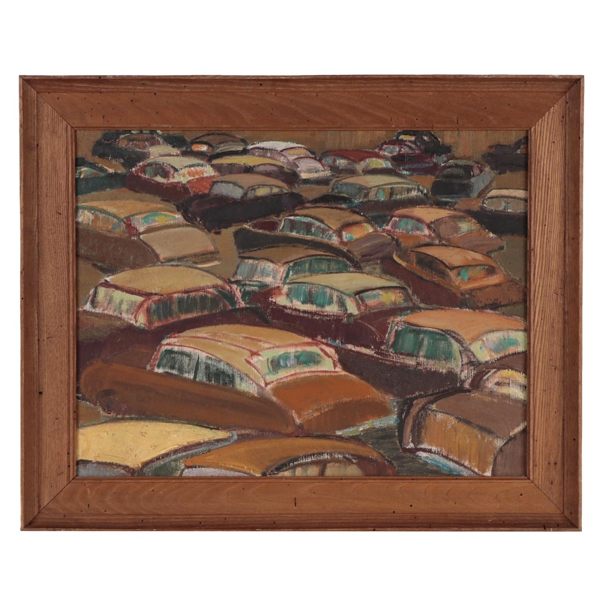 Modernist Style Oil Painting of Cars, Mid-20th Century