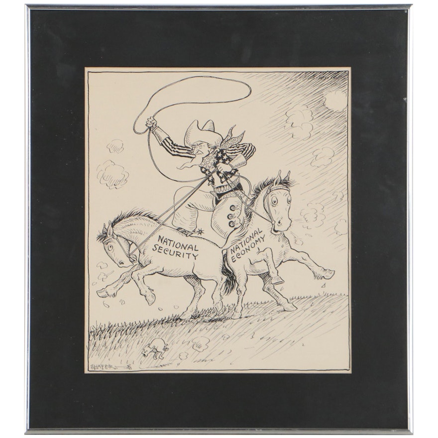 Claude Shafer Political Cartoon Ink Drawing, 20th Century