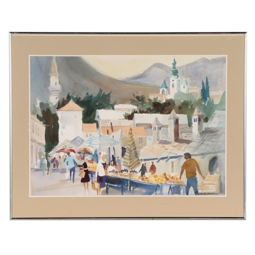 Sanford Brooks Watercolor Painting "Market Mostar," Mid-20th Century