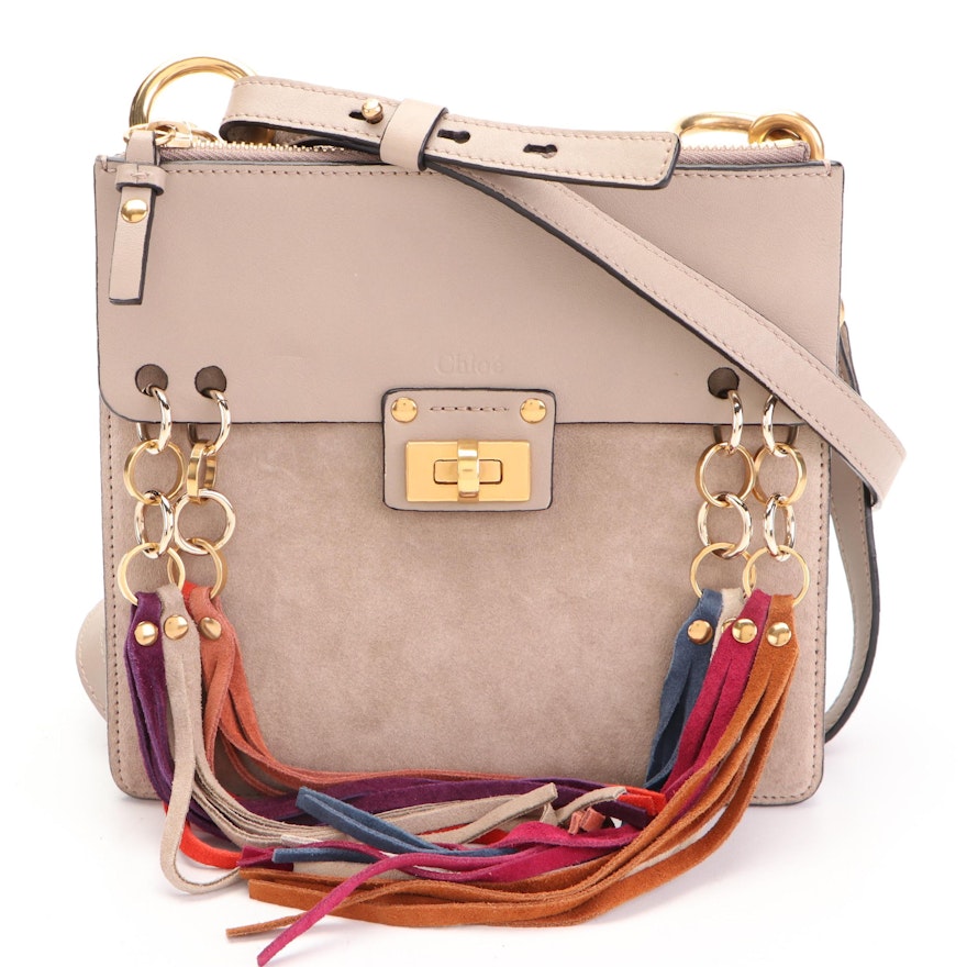 Chloé Jane Crossbody Bag in Taupe Leather and Suede with Multicolor Suede Fringe