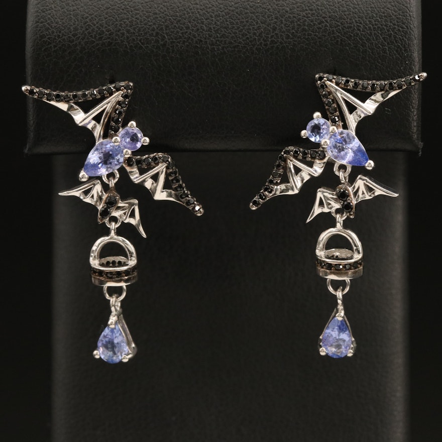 Sterling Bat Earrings with Tanzanite and Spinel