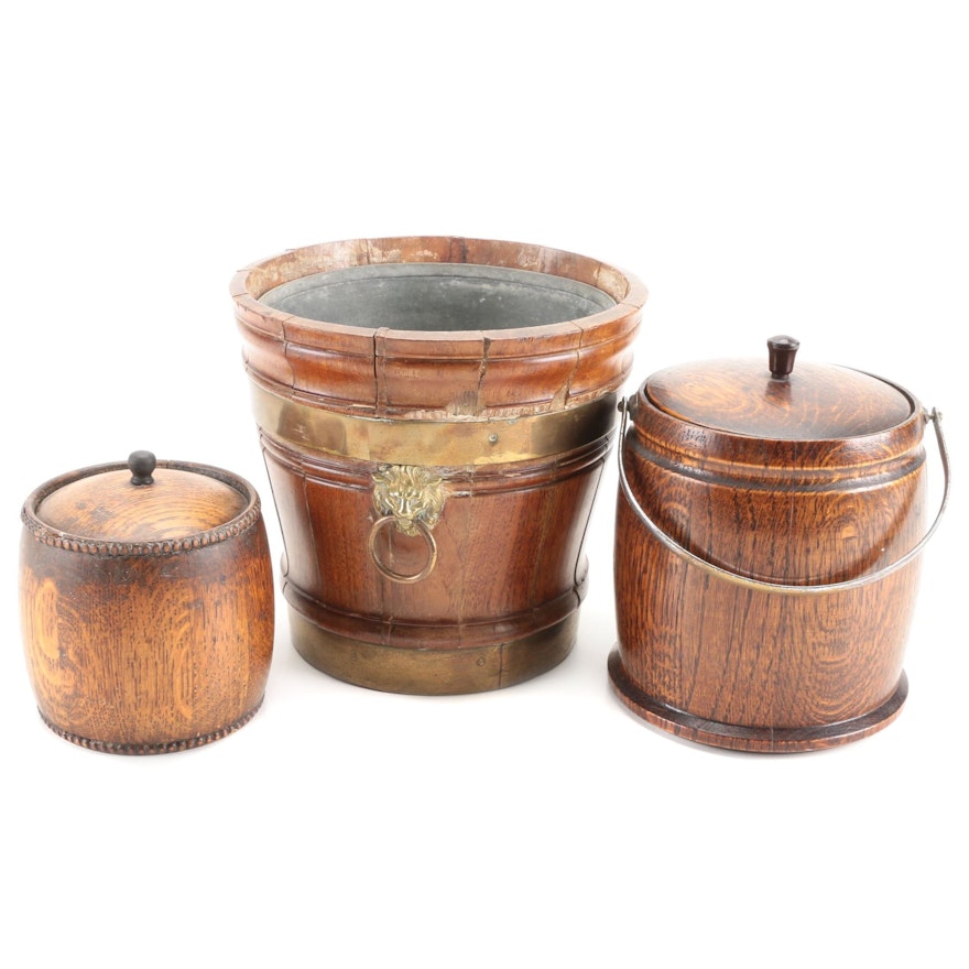 English Regency Brass Banded Oak Wine Bucket and Victorian Biscuit Barrels