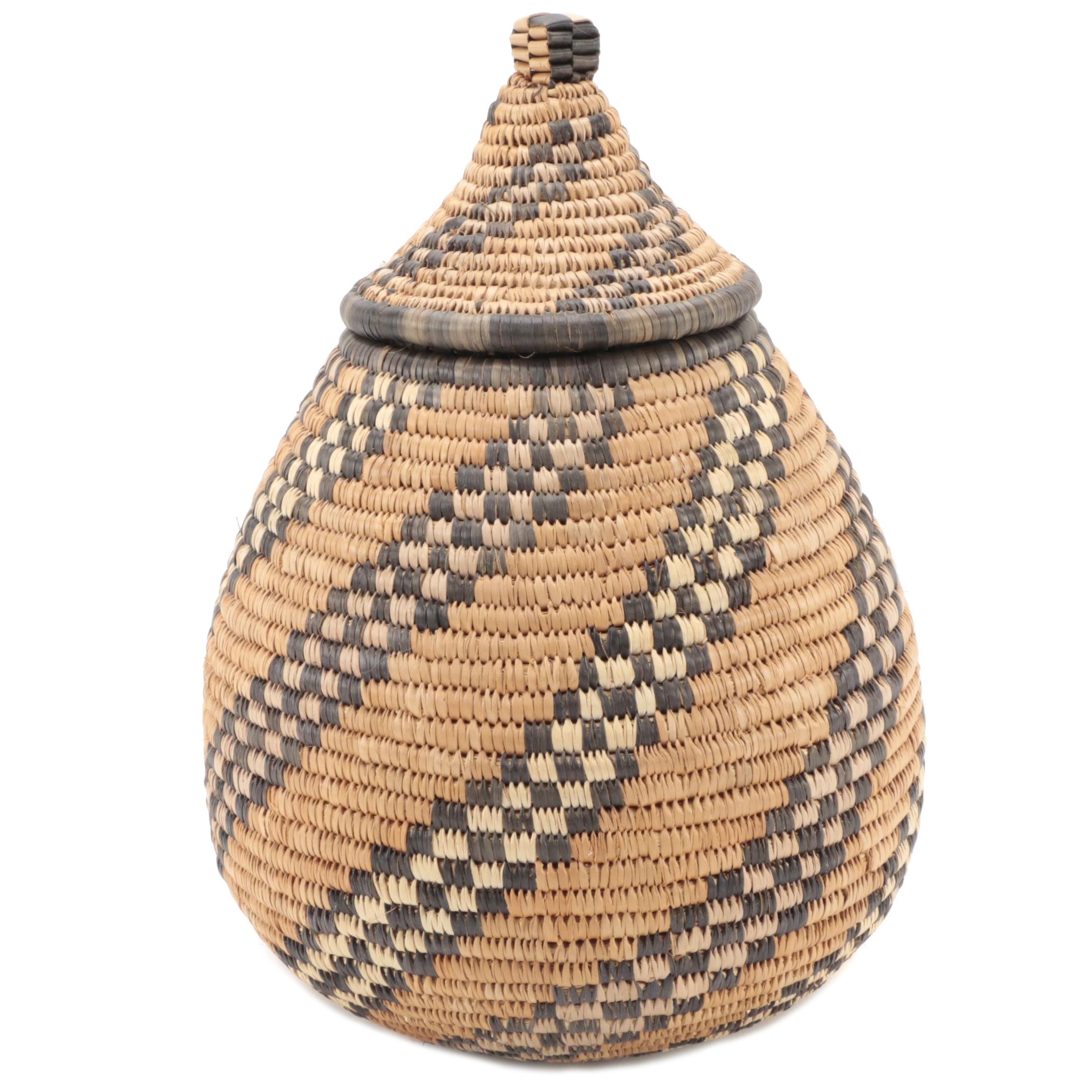 Zulu Style Hand-Woven Lidded Basket, South Africa