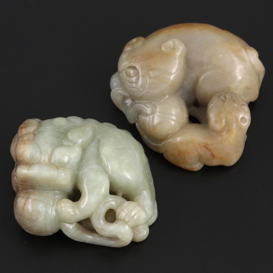 Chinese Carved Serpentine Guardian Lion  and Cat Figurines