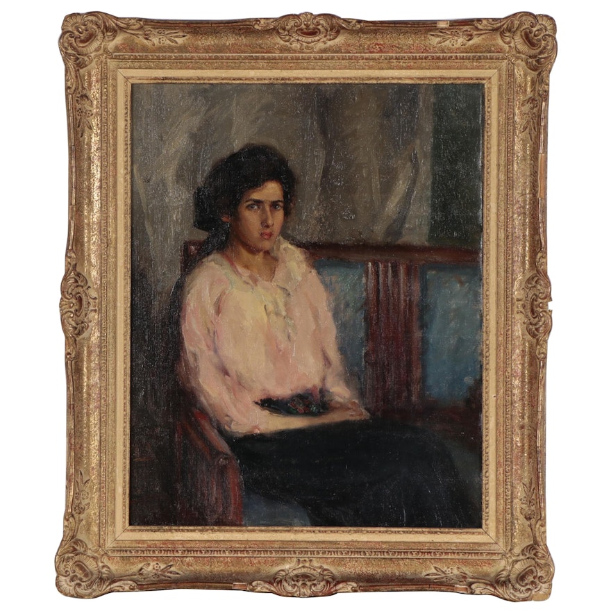 Portrait Oil Painting of Seated Woman, Mid-20th Century