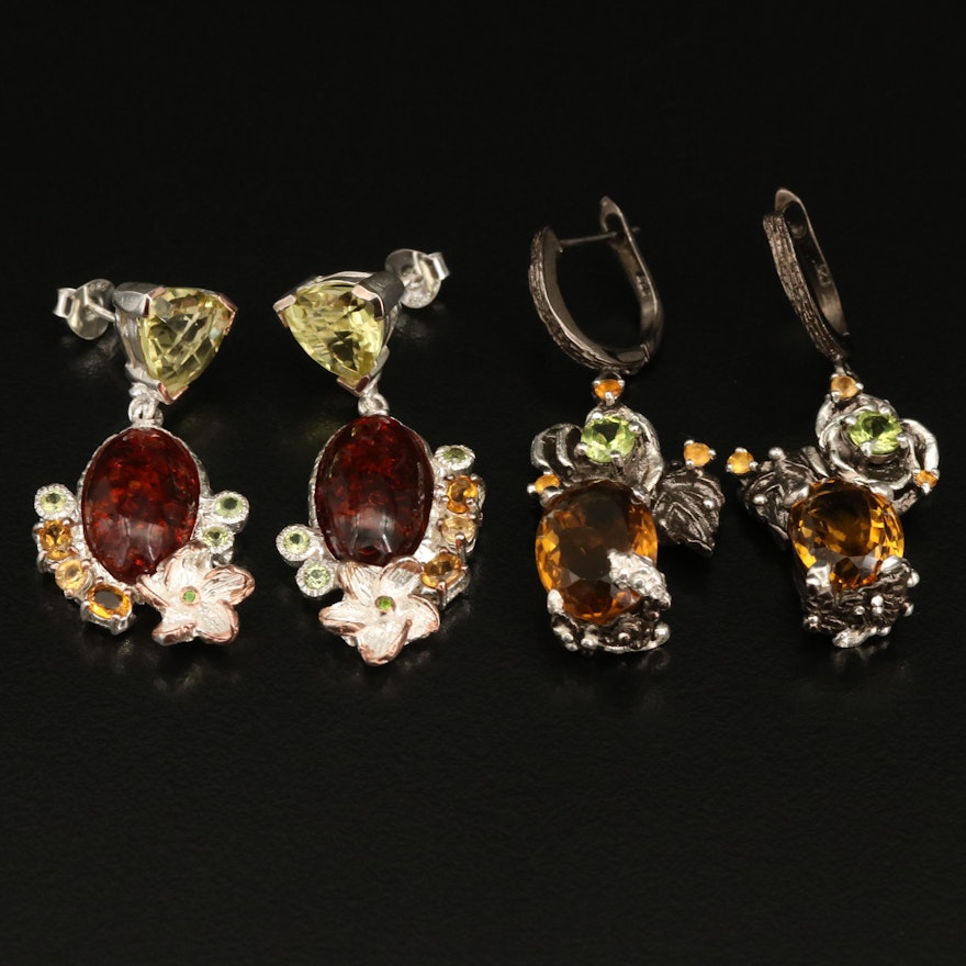 Sterling Flower Earrings Including Peridot, Diopside and Amber
