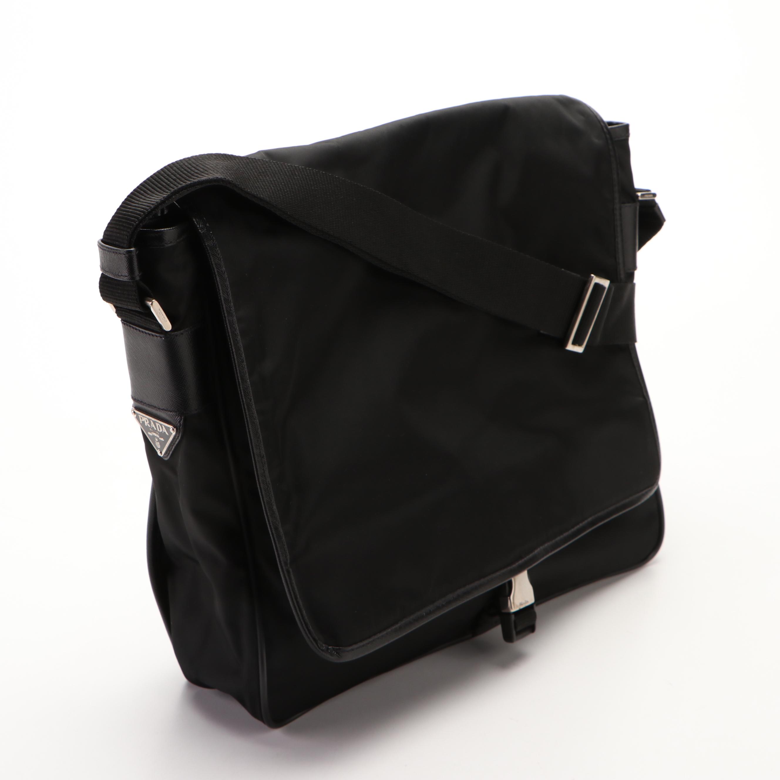 Prada Buckle Messenger Bag in Black Nylon Tessuto and Saffiano Leather