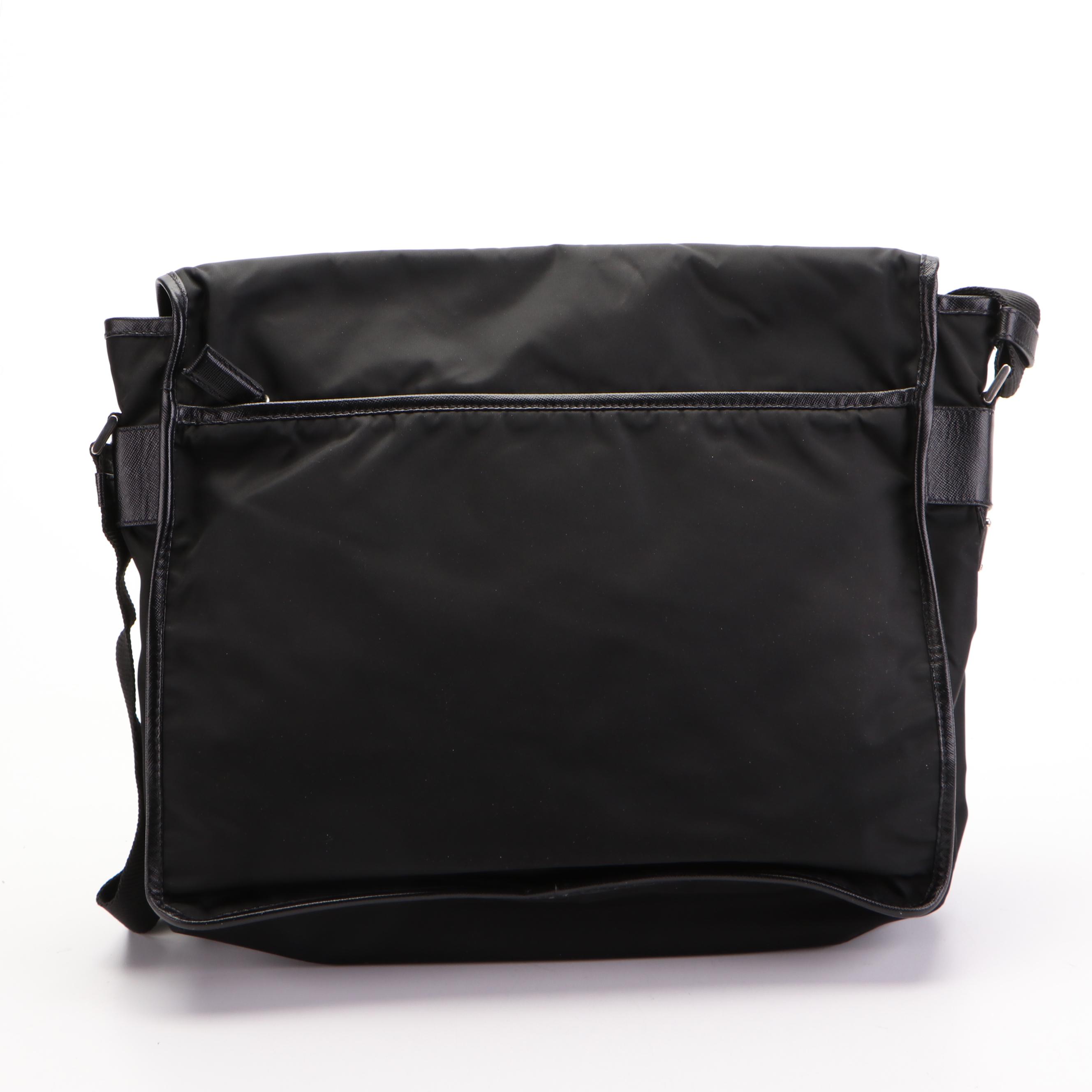 Prada Buckle Messenger Bag in Black Nylon Tessuto and Saffiano Leather