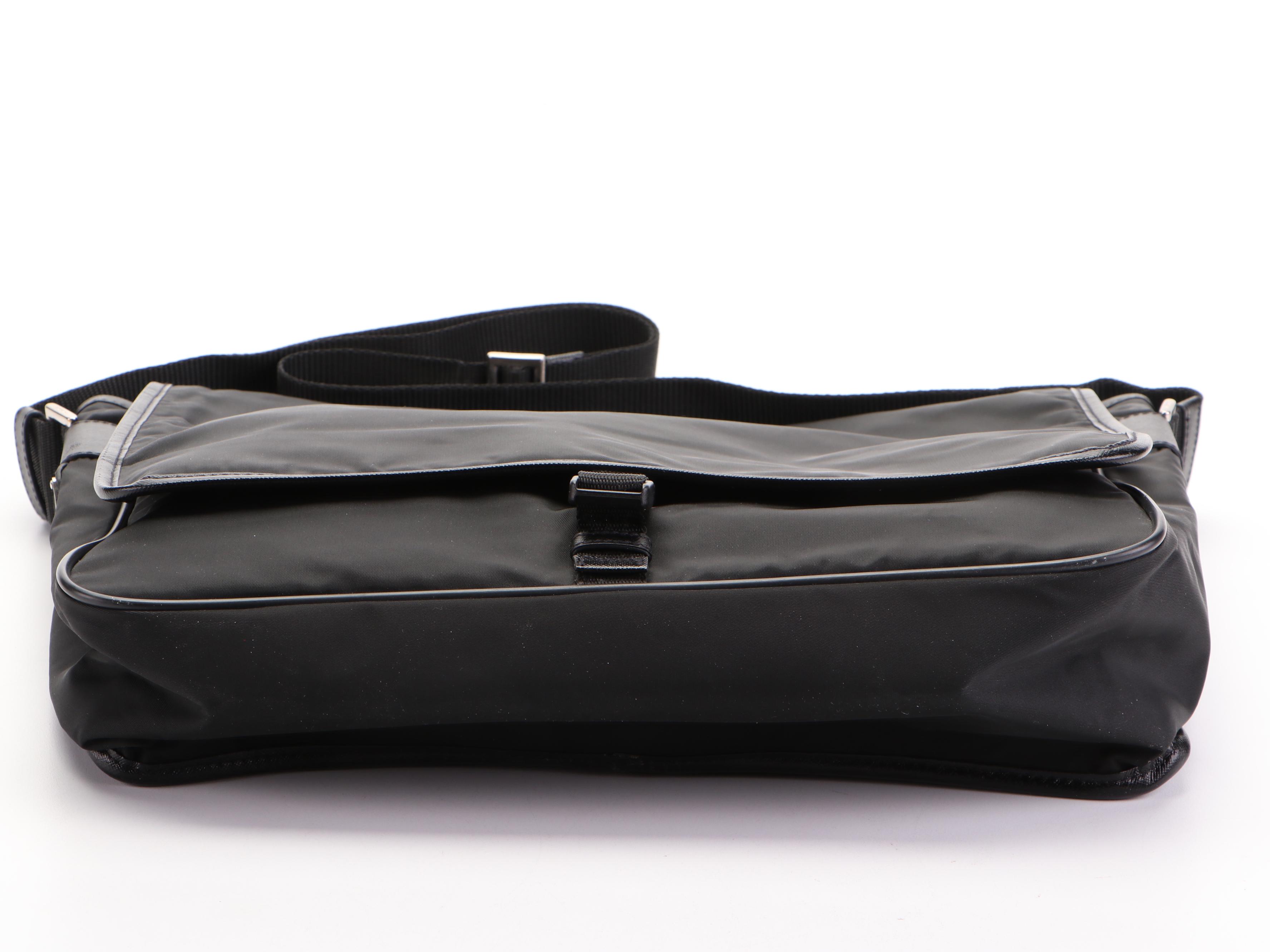 Prada Buckle Messenger Bag in Black Nylon Tessuto and Saffiano Leather