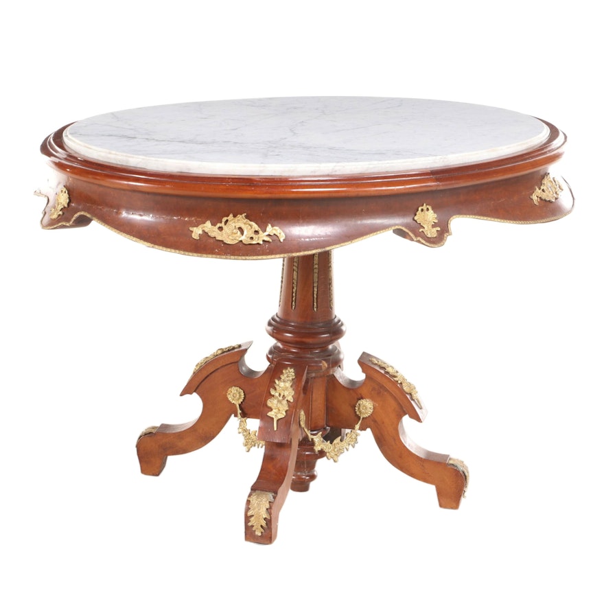 Empire Style Gilt Metal-Mounted Hardwood and White Marble Center Table